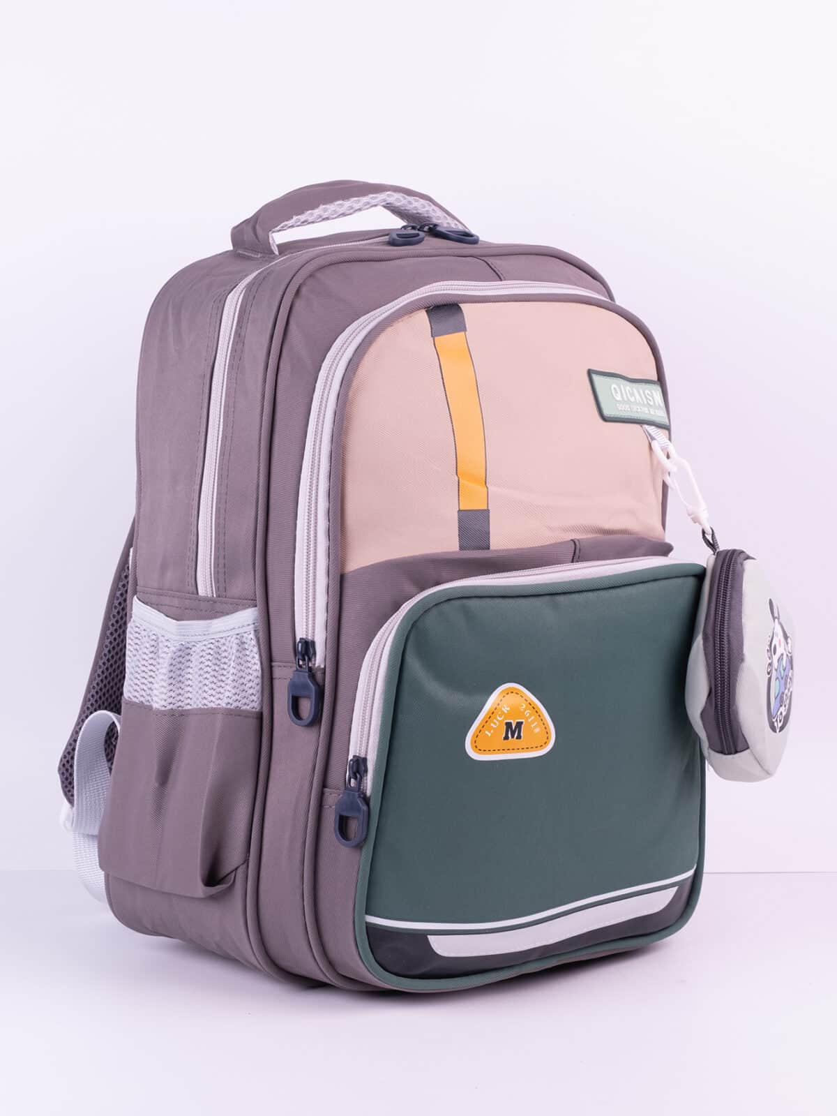 Mochila Escolar Colorblock Moderna Espaçosa Com Acessório Fofo Alça Confortável - Imagem 3