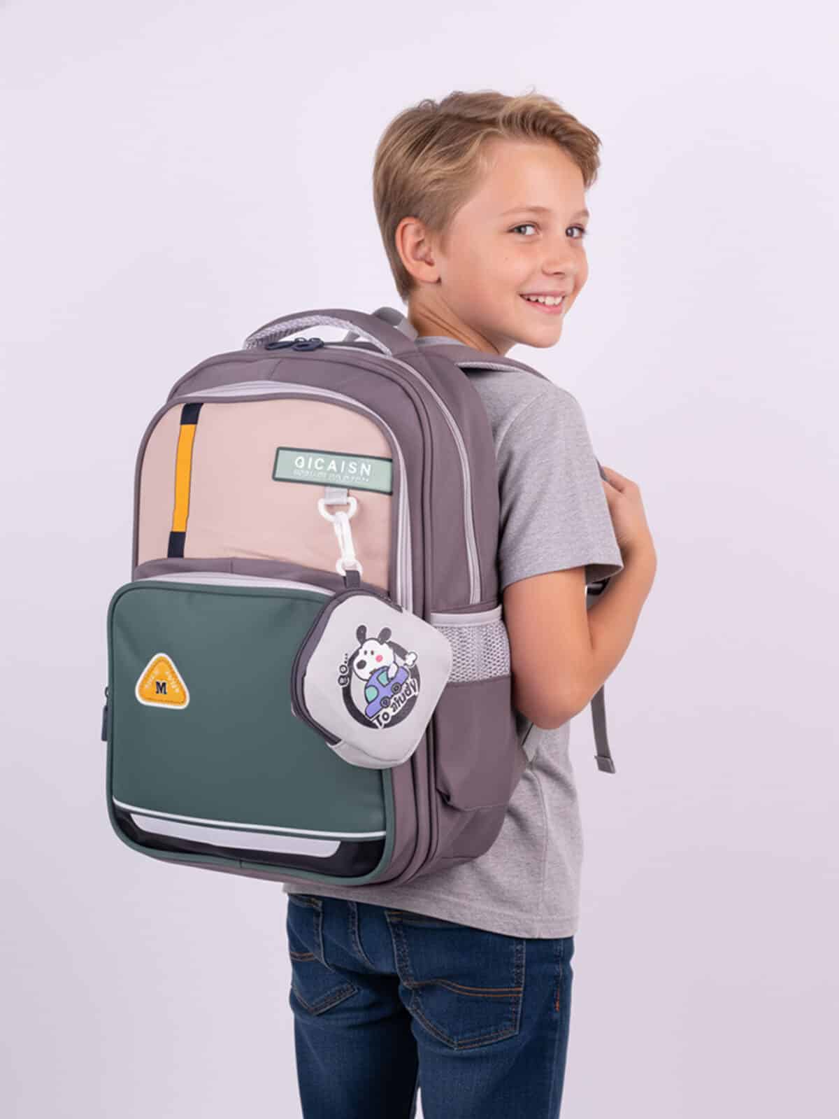 Mochila Escolar Colorblock Moderna Espaçosa Com Acessório Fofo Alça Confortável - Imagem 2