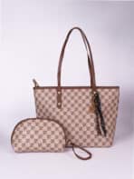 Conjunto Bolsa Tote De Ombro Estampa Monograma Vintage Elegante Com Estojo E Pingente