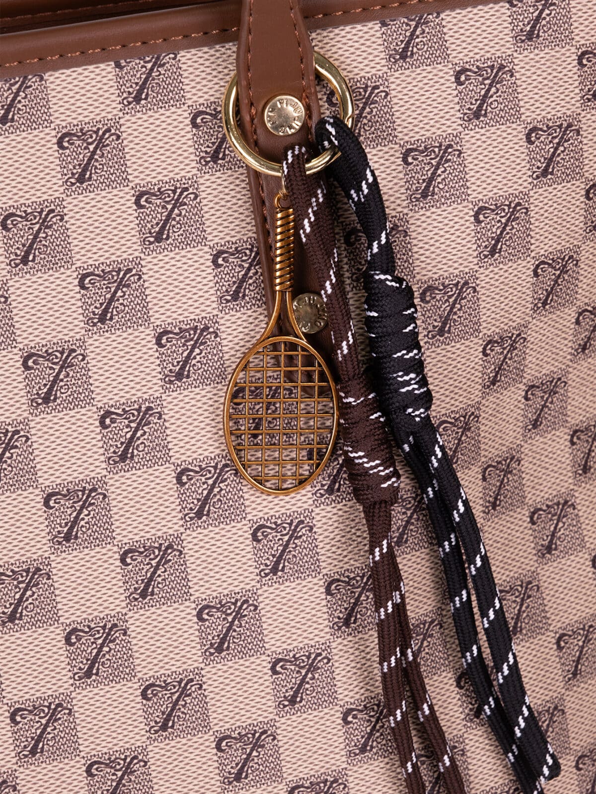 Conjunto Bolsa Tote De Ombro Estampa Monograma Vintage Elegante Com Estojo E Pingente - Imagem 7