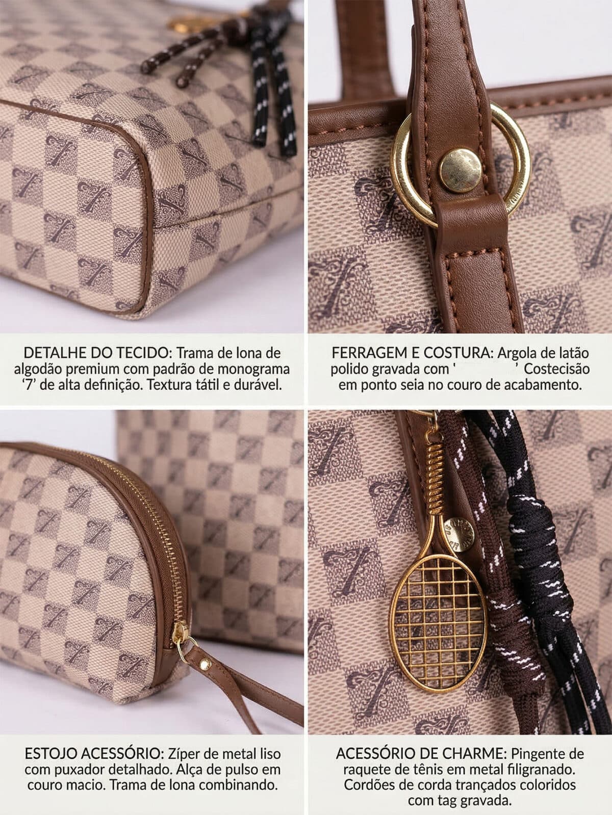Conjunto Bolsa Tote De Ombro Estampa Monograma Vintage Elegante Com Estojo E Pingente - Imagem 10