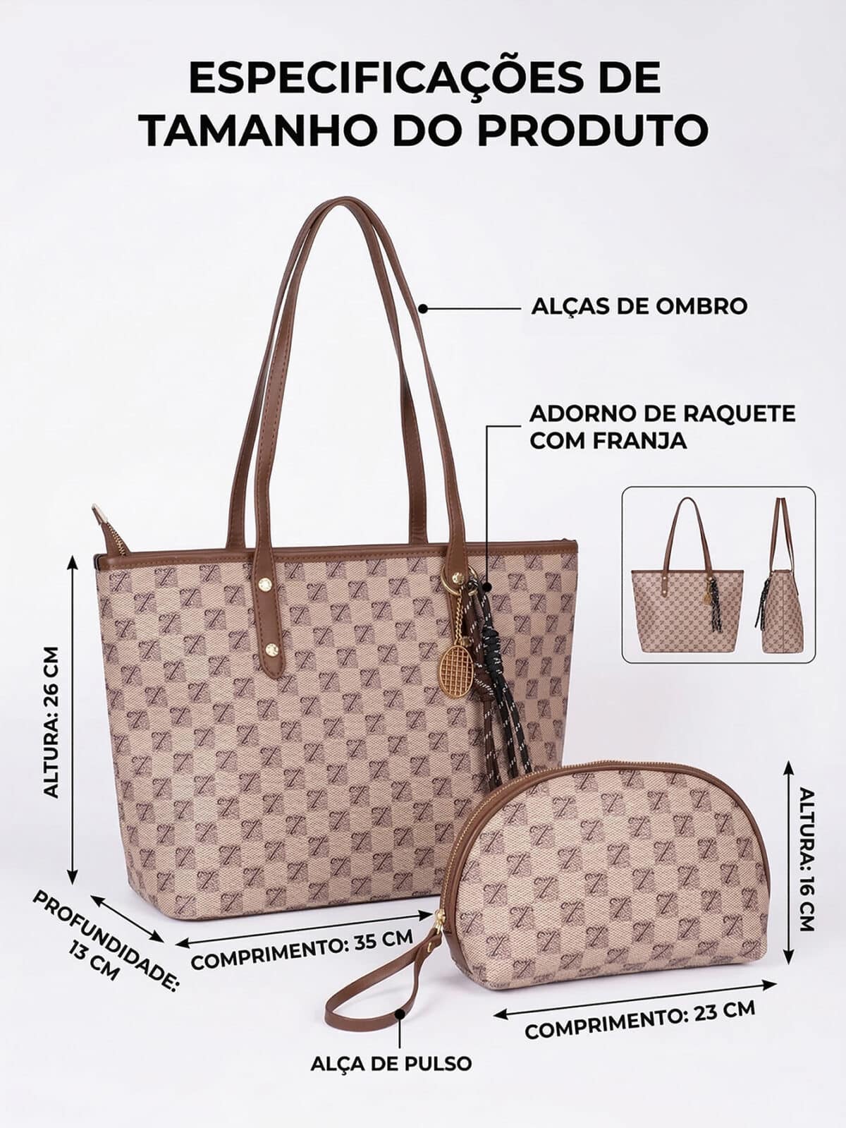Conjunto Bolsa Tote De Ombro Estampa Monograma Vintage Elegante Com Estojo E Pingente - Imagem 11