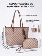 Conjunto Bolsa Tote De Ombro Estampa Monograma Vintage Elegante Com Estojo E Pingente - Imagem 11