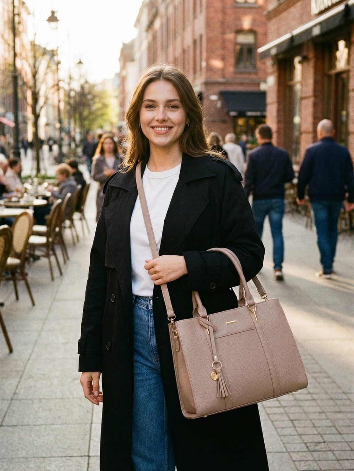 Bolsa De Ombro Tote Minimalista Estruturada Elegante Com Tassel Office Look - Imagem 6