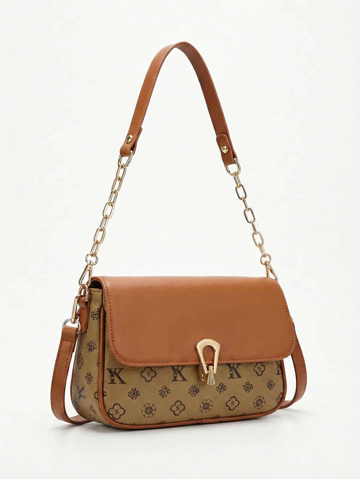 Bolsa De Ombro Vintage Estampa Monograma Retro Com Corrente Dourada Estilo Old Money - Imagem 2