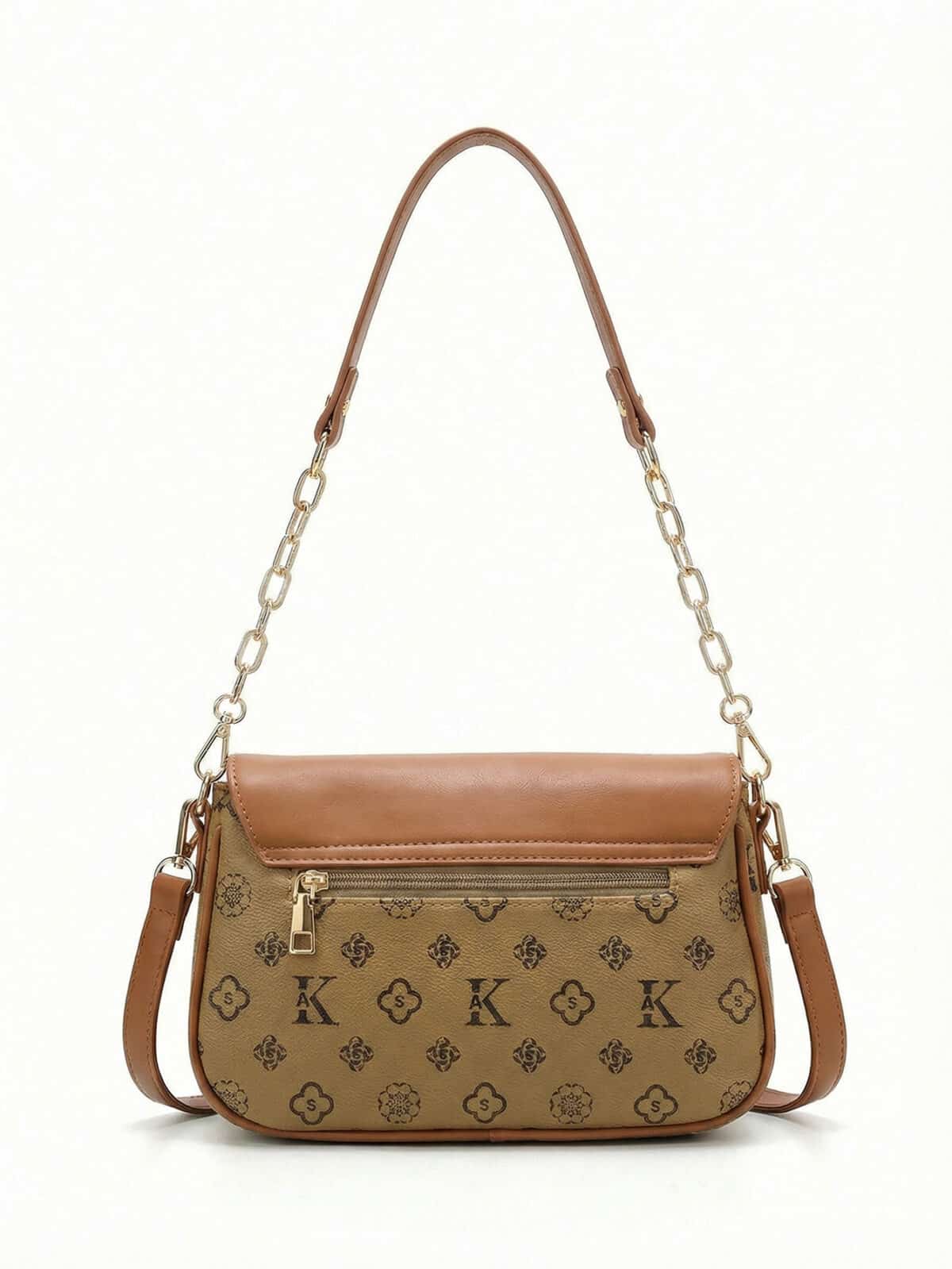 Bolsa De Ombro Vintage Estampa Monograma Retro Com Corrente Dourada Estilo Old Money - Imagem 3