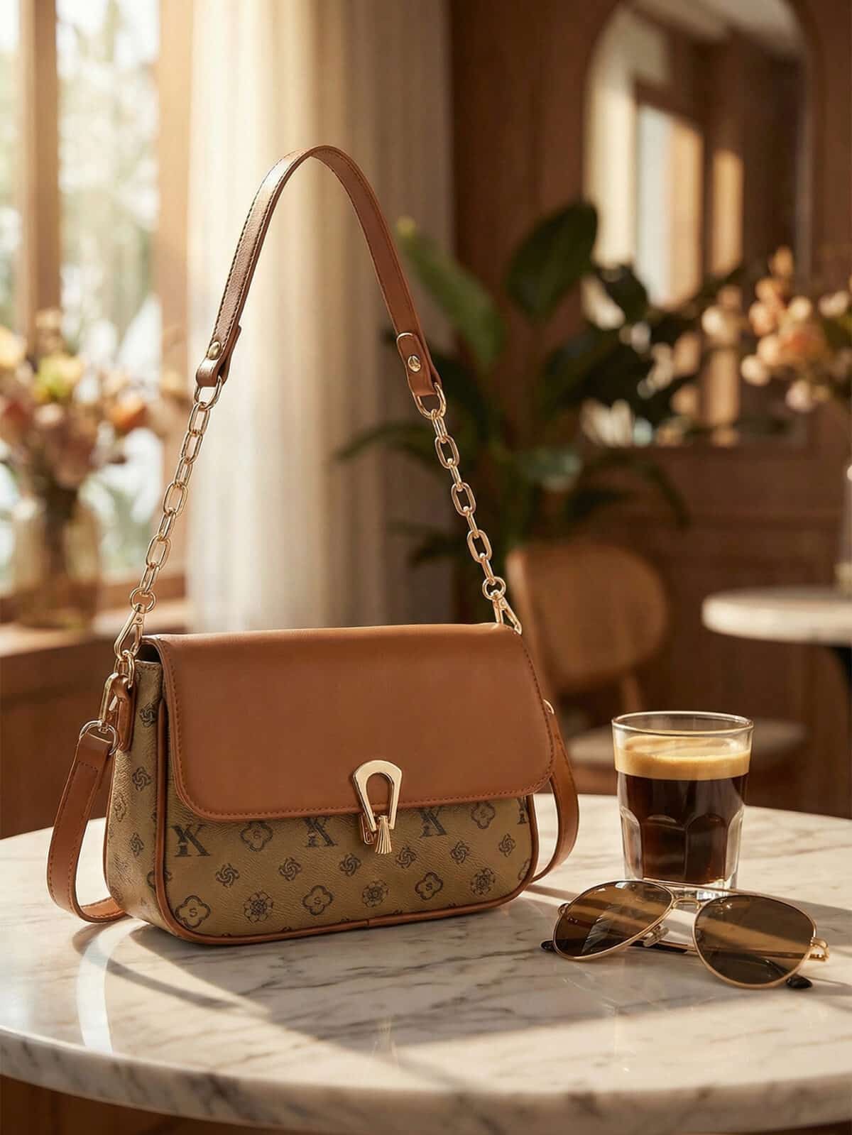 Bolsa De Ombro Vintage Estampa Monograma Retro Com Corrente Dourada Estilo Old Money - Imagem 4