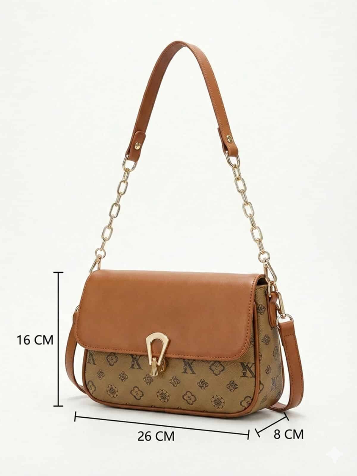 Bolsa De Ombro Vintage Estampa Monograma Retro Com Corrente Dourada Estilo Old Money - Imagem 8