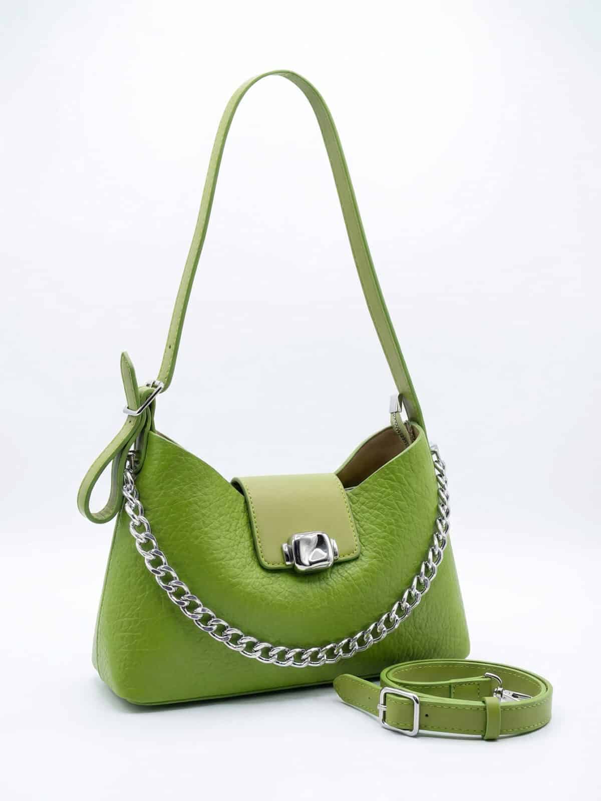 Bolsa De Ombro Baguette Verde Abacate Fashion Y2K Com Corrente Prata E Fivela - Imagem 2