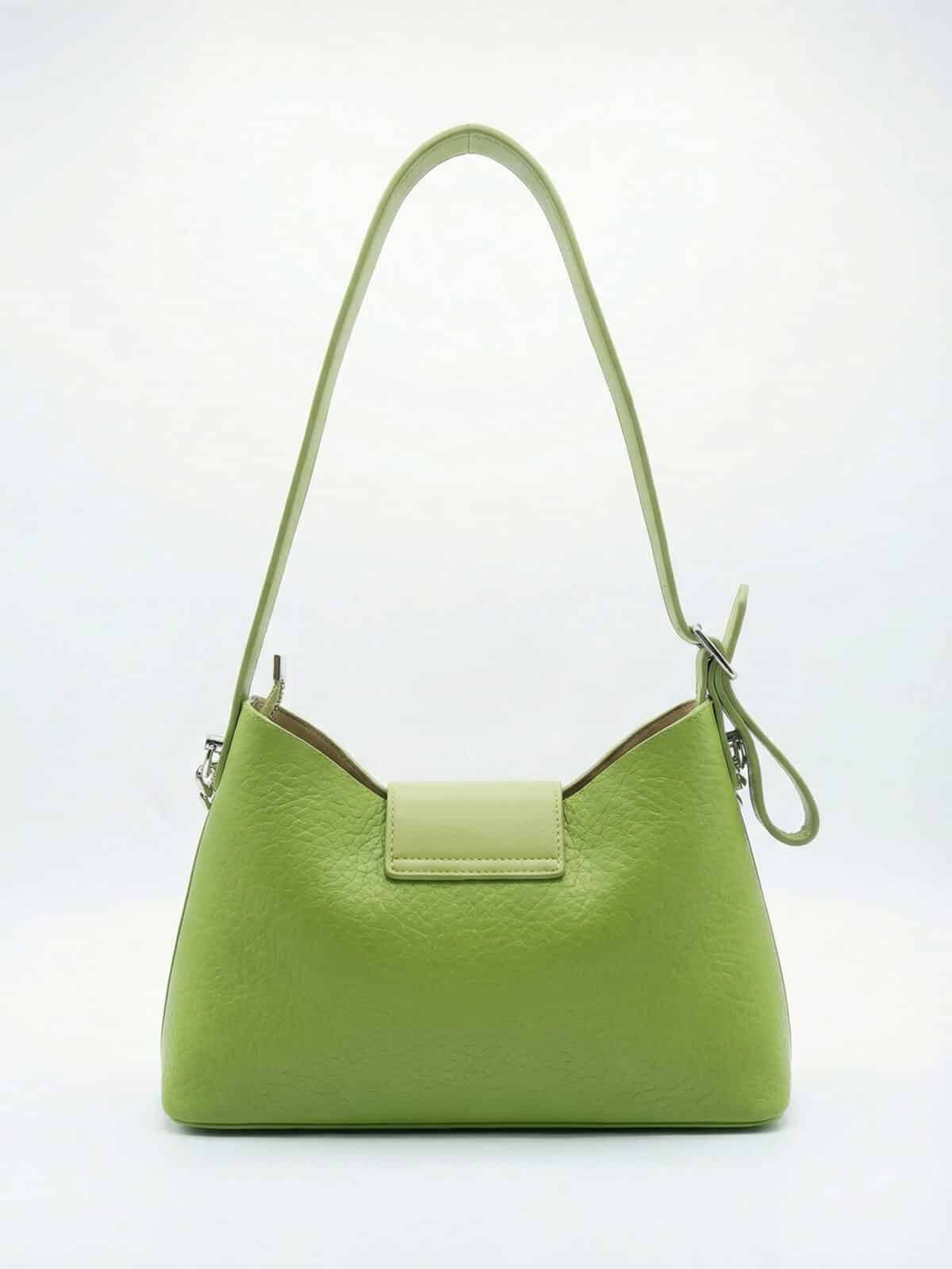 Bolsa De Ombro Baguette Verde Abacate Fashion Y2K Com Corrente Prata E Fivela - Imagem 3