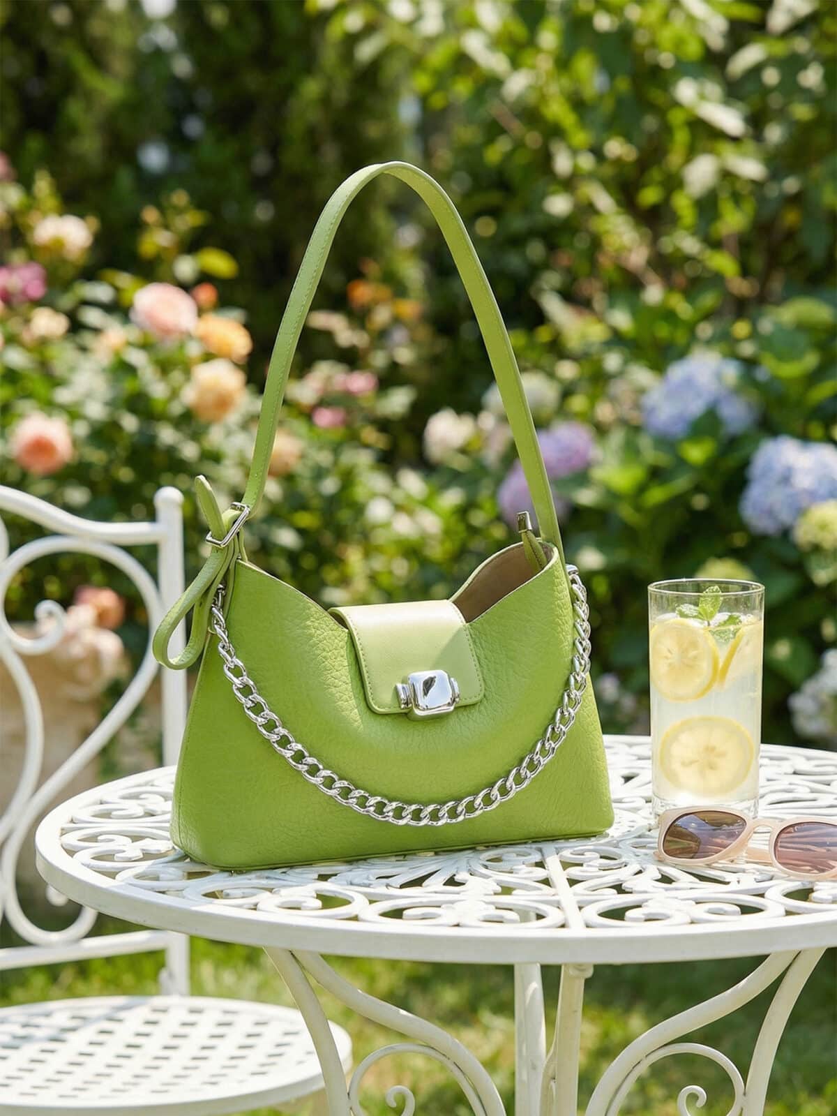 Bolsa De Ombro Baguette Verde Abacate Fashion Y2K Com Corrente Prata E Fivela - Imagem 4