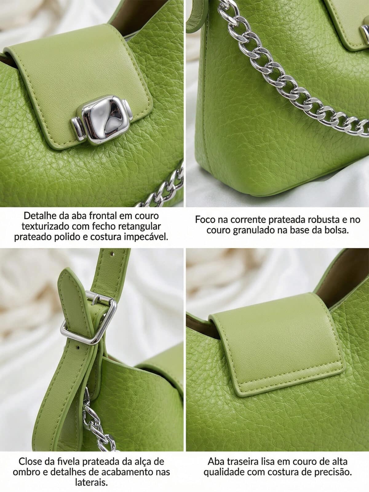 Bolsa De Ombro Baguette Verde Abacate Fashion Y2K Com Corrente Prata E Fivela - Imagem 6