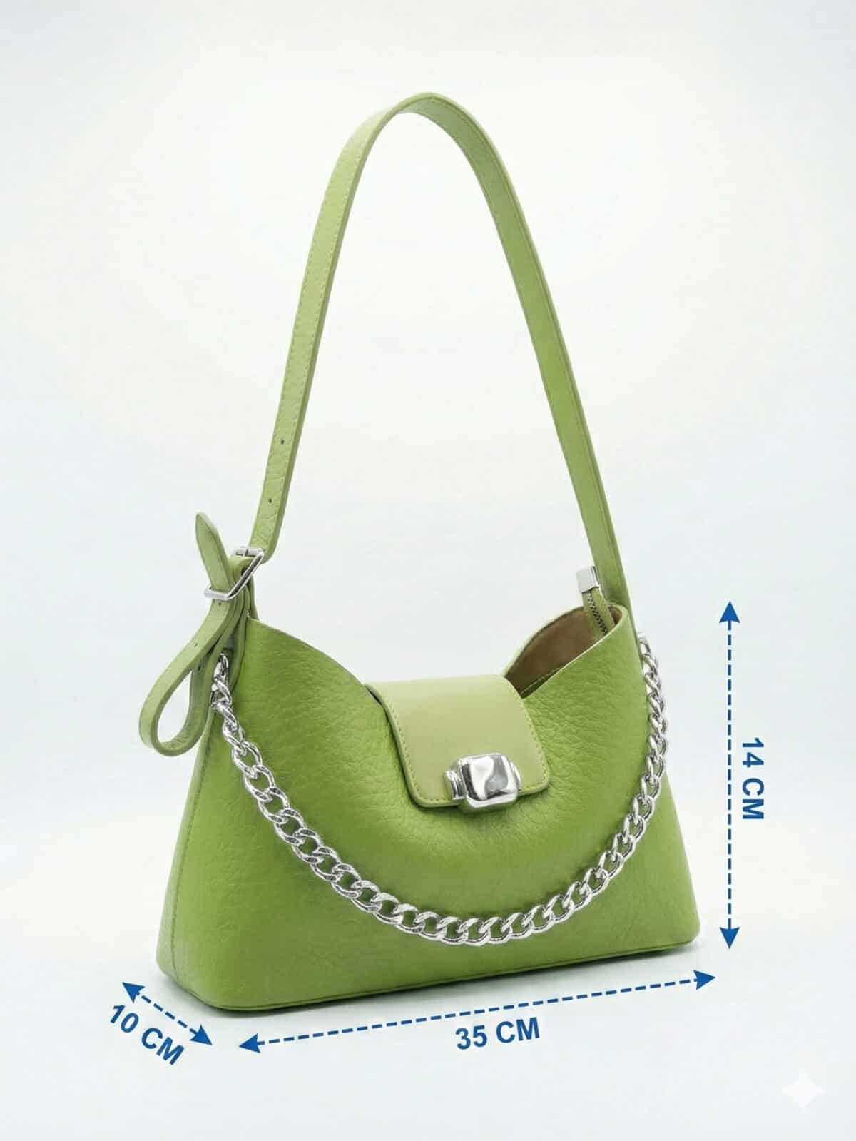 Bolsa De Ombro Baguette Verde Abacate Fashion Y2K Com Corrente Prata E Fivela - Imagem 7