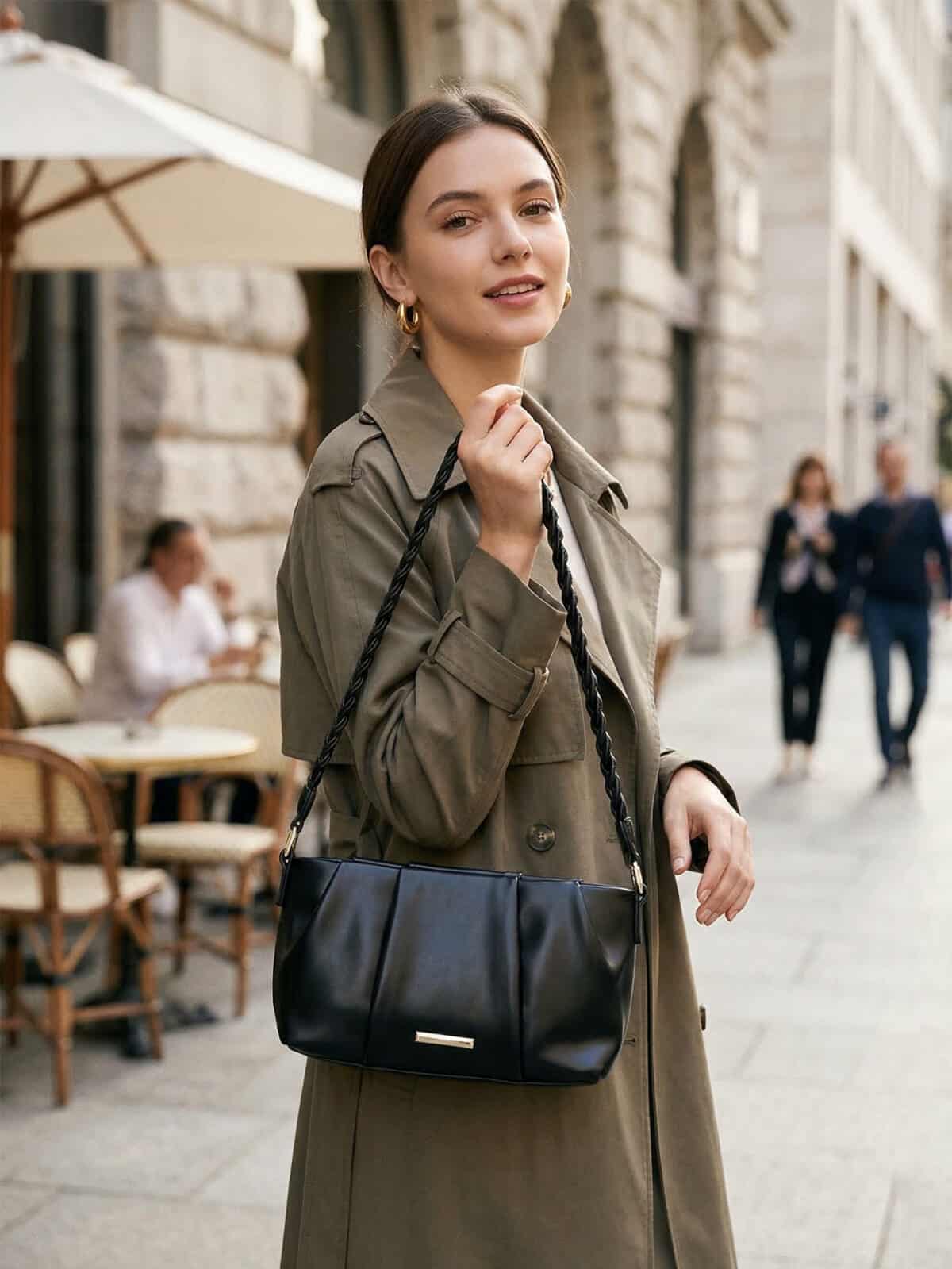Bolsa De Ombro Baguete Minimalista Franzida Com Alça Trançada Y2K - Imagem 8