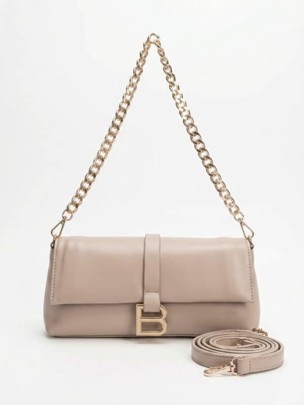 Bolsa De Ombro Baguette Minimalista Estilo Old Money Com Fivela B E Alça De Corrente