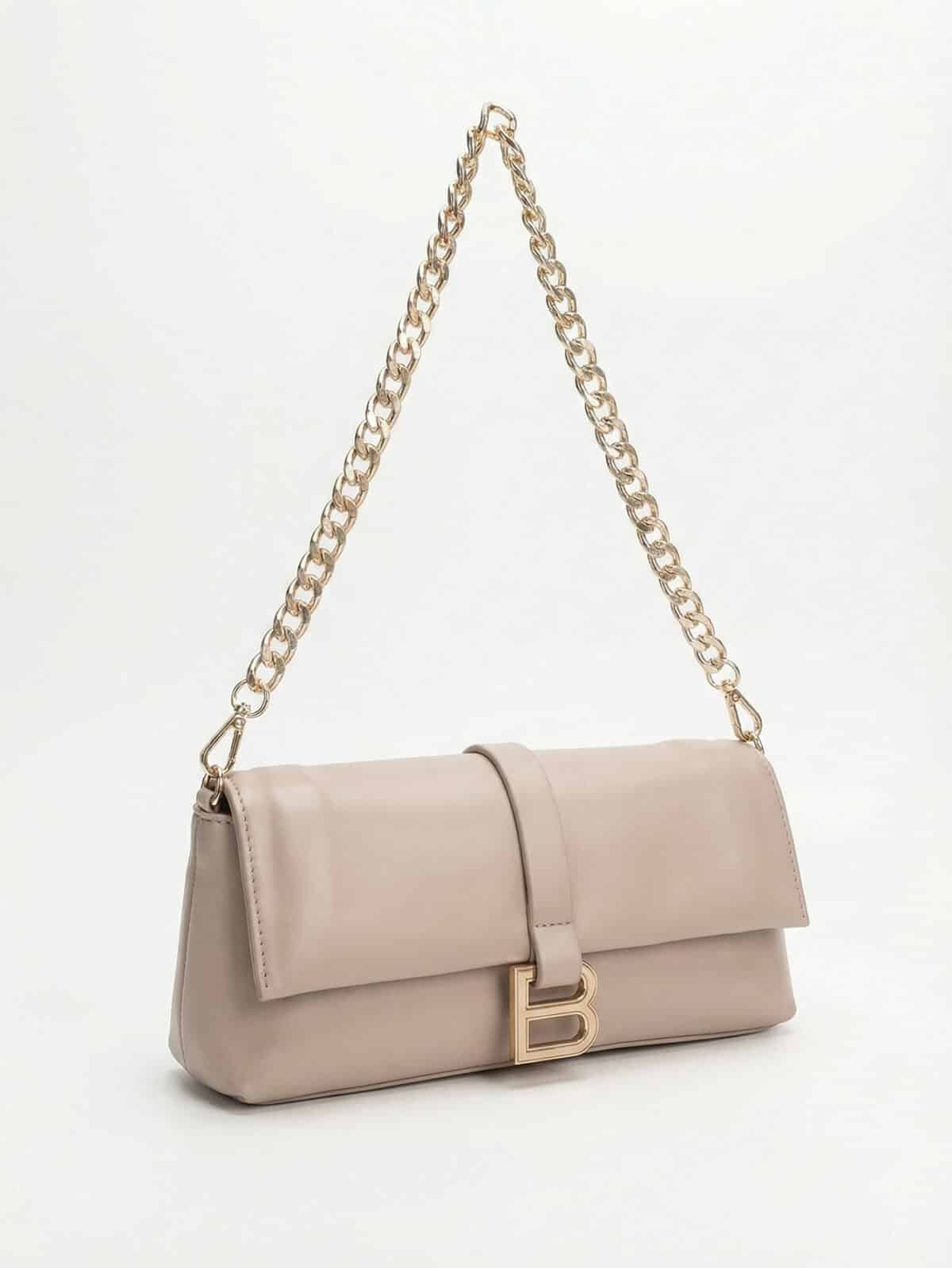 Bolsa De Ombro Baguette Minimalista Estilo Old Money Com Fivela B E Alça De Corrente - Imagem 2