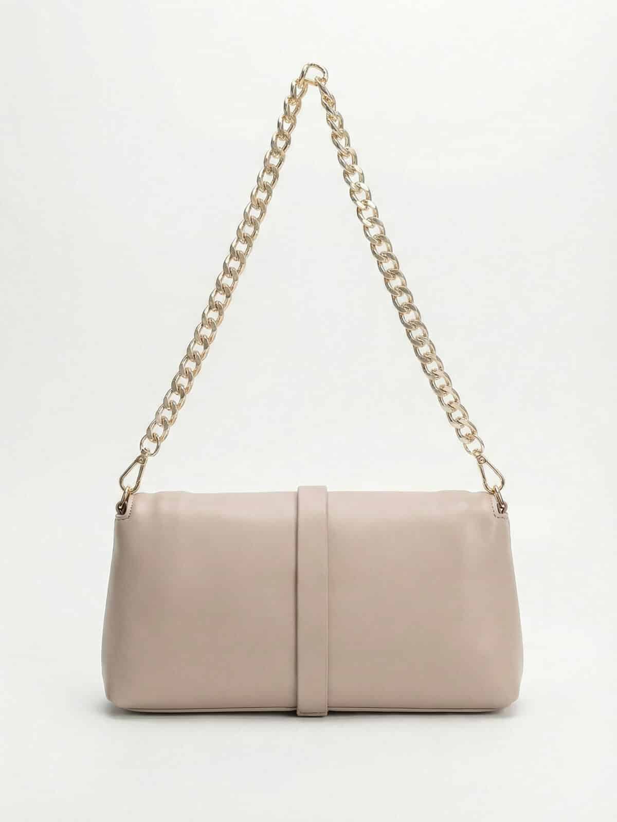 Bolsa De Ombro Baguette Minimalista Estilo Old Money Com Fivela B E Alça De Corrente - Imagem 3