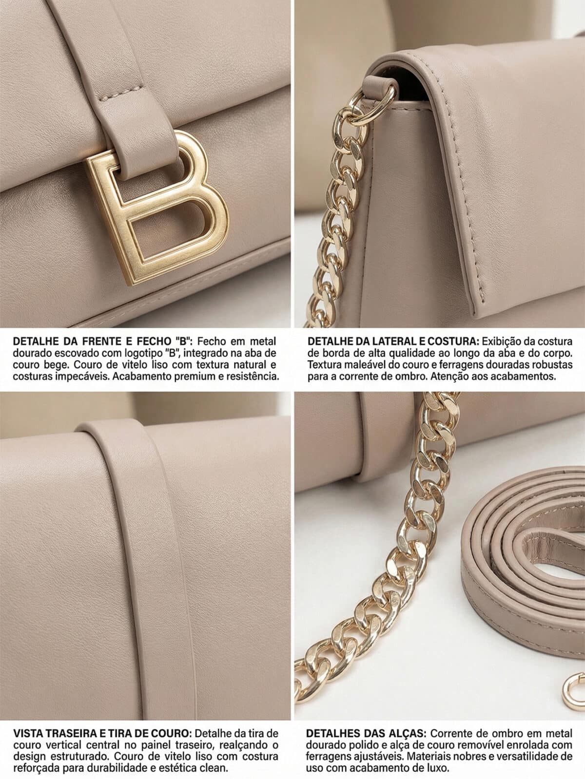 Bolsa De Ombro Baguette Minimalista Estilo Old Money Com Fivela B E Alça De Corrente - Imagem 5