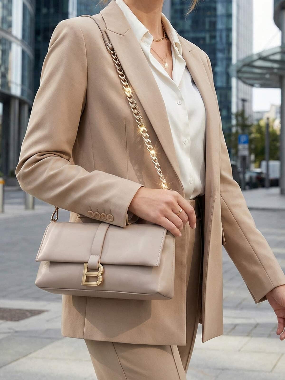 Bolsa De Ombro Baguette Minimalista Estilo Old Money Com Fivela B E Alça De Corrente - Imagem 6
