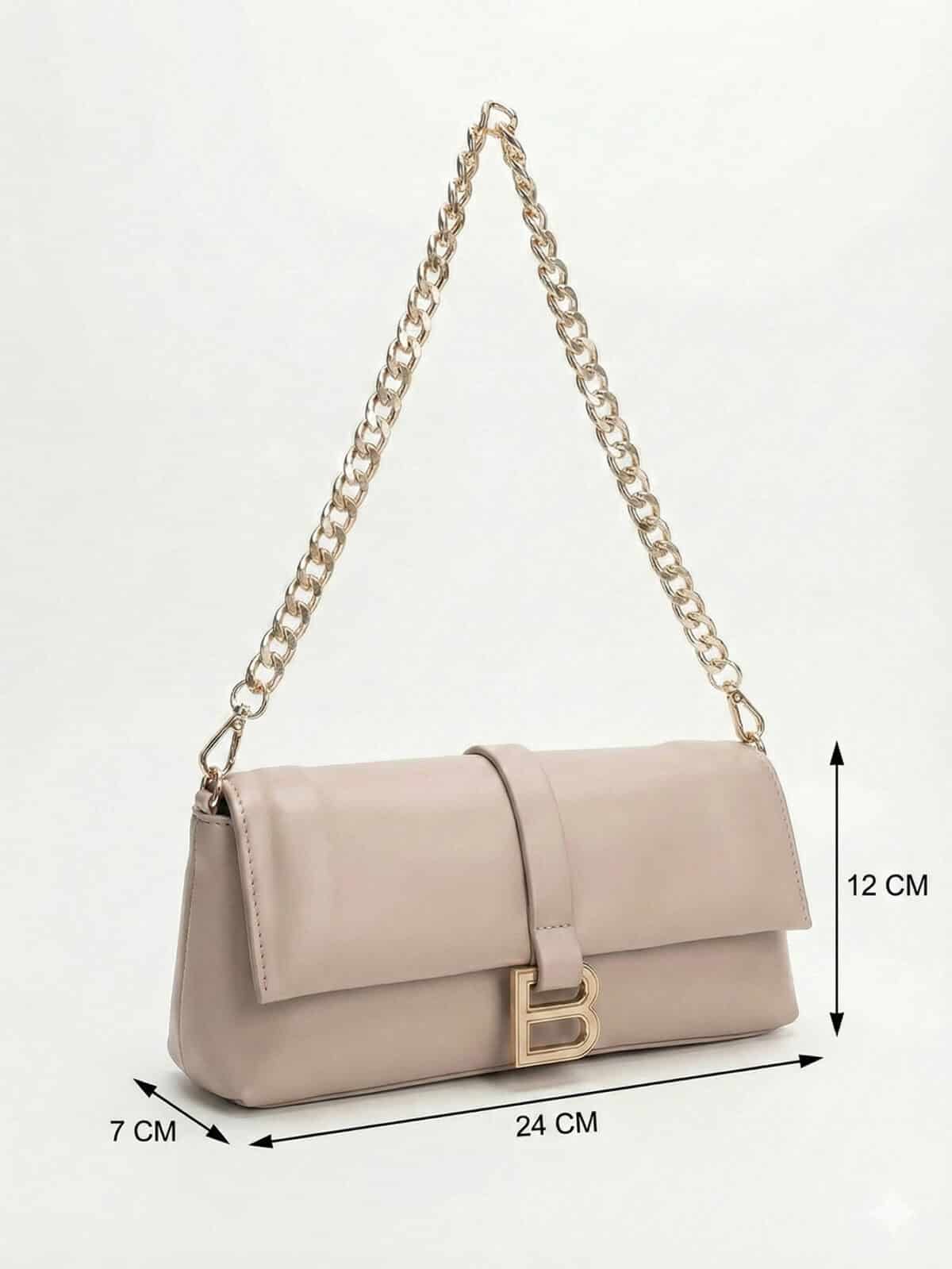 Bolsa De Ombro Baguette Minimalista Estilo Old Money Com Fivela B E Alça De Corrente - Imagem 8