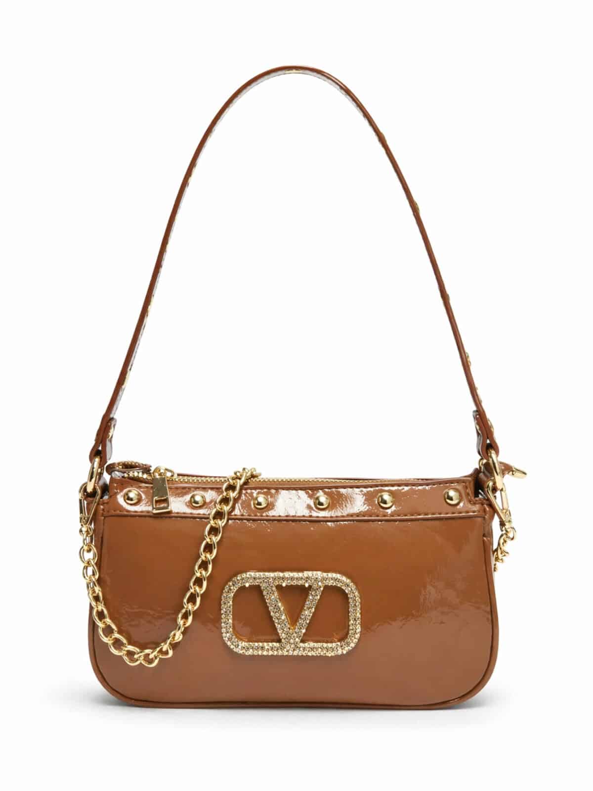 Bolsa De Ombro Baguette Y2K Glamour Verniz Com Strass Tachas E Corrente Dourada - Imagem 3