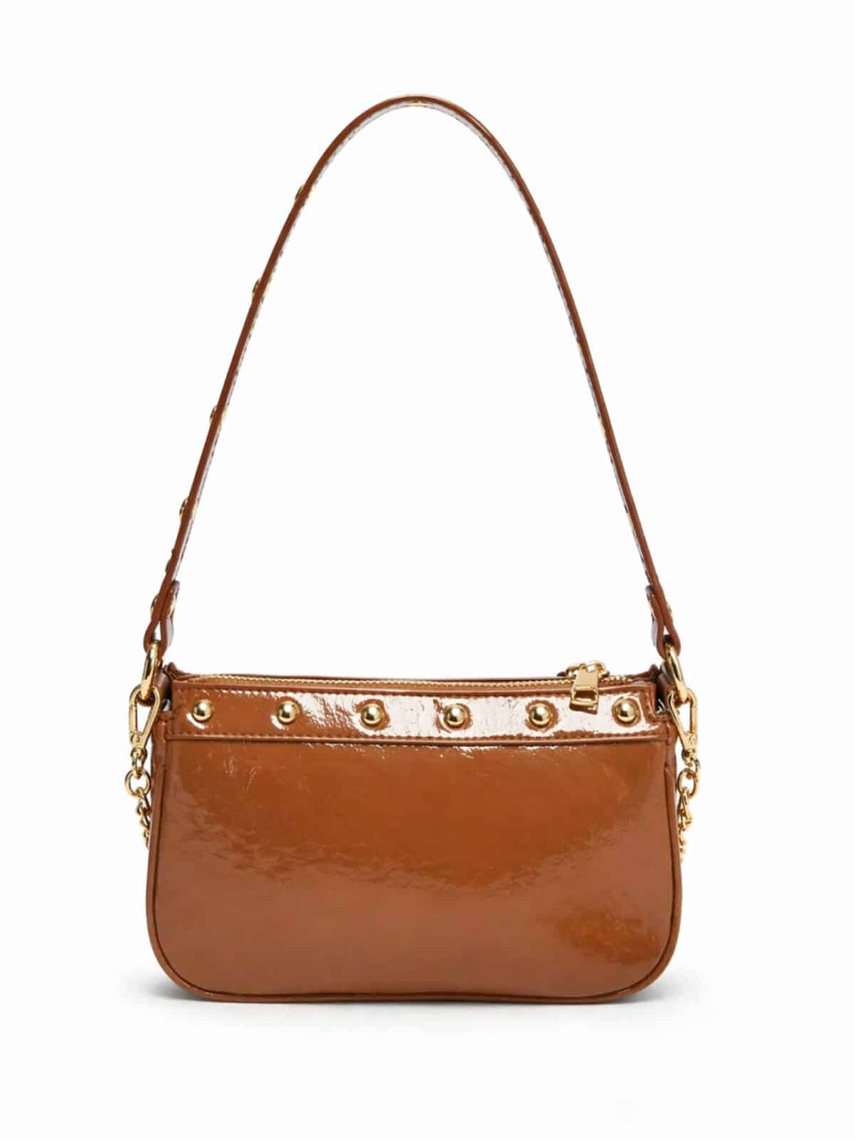 Bolsa De Ombro Baguette Y2K Glamour Verniz Com Strass Tachas E Corrente Dourada - Imagem 5