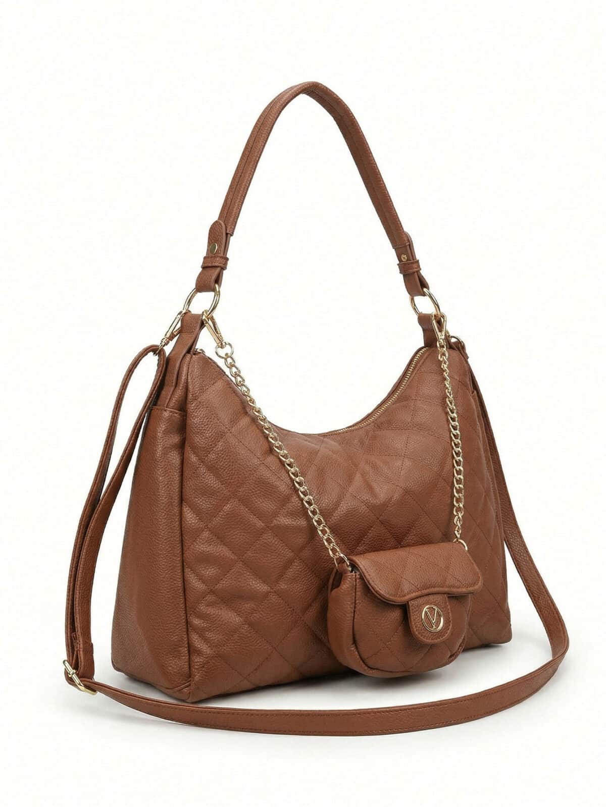 Bolsa De Ombro Hobo Matelassê Elegante Com Porta-Moedas E Corrente Dourada - Imagem 3