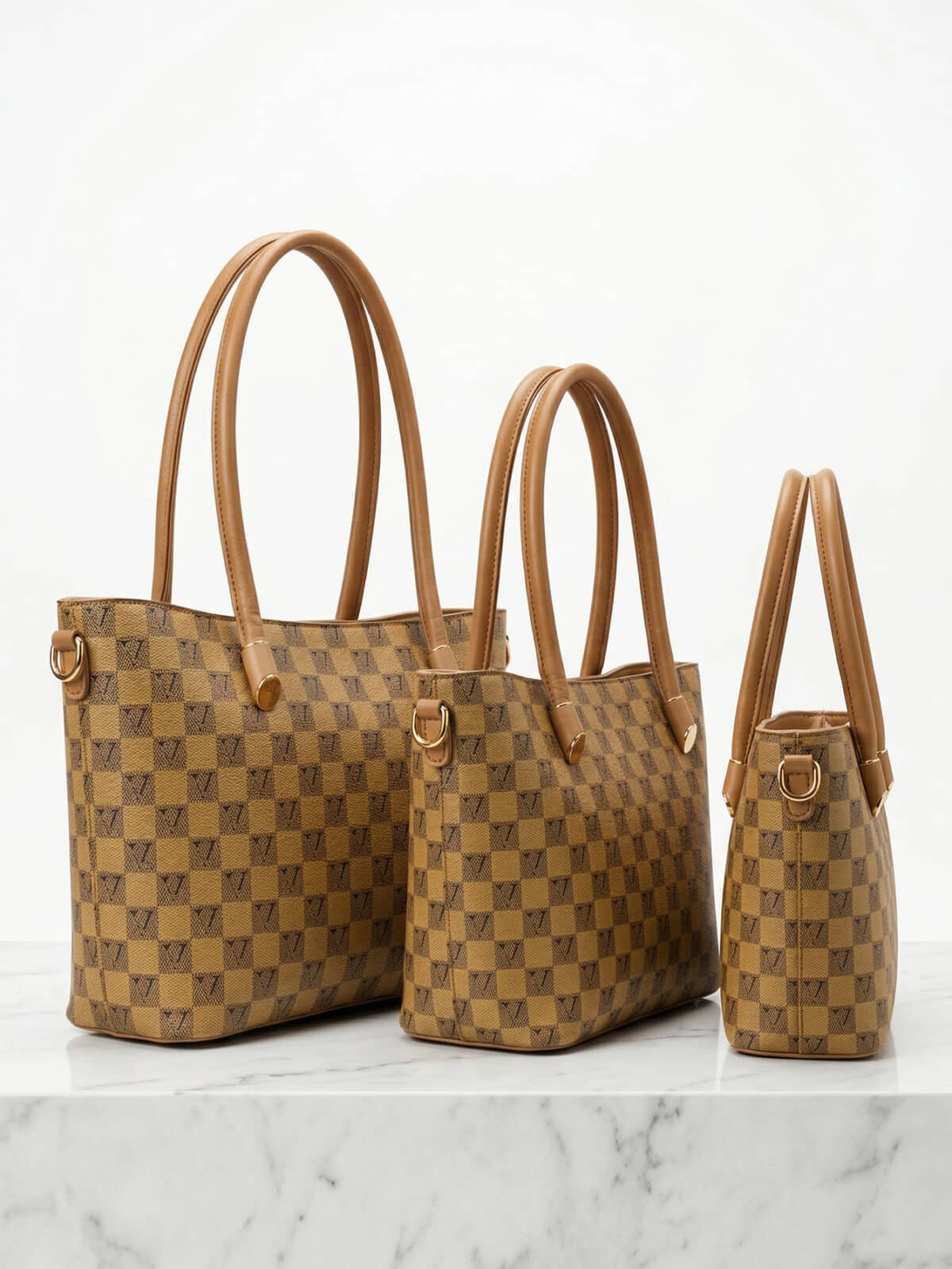 Kit 3 Bolsas Femininas Tote Ombro Transversal Estampa Xadrez Luxo Trabalho Viagem - Imagem 2