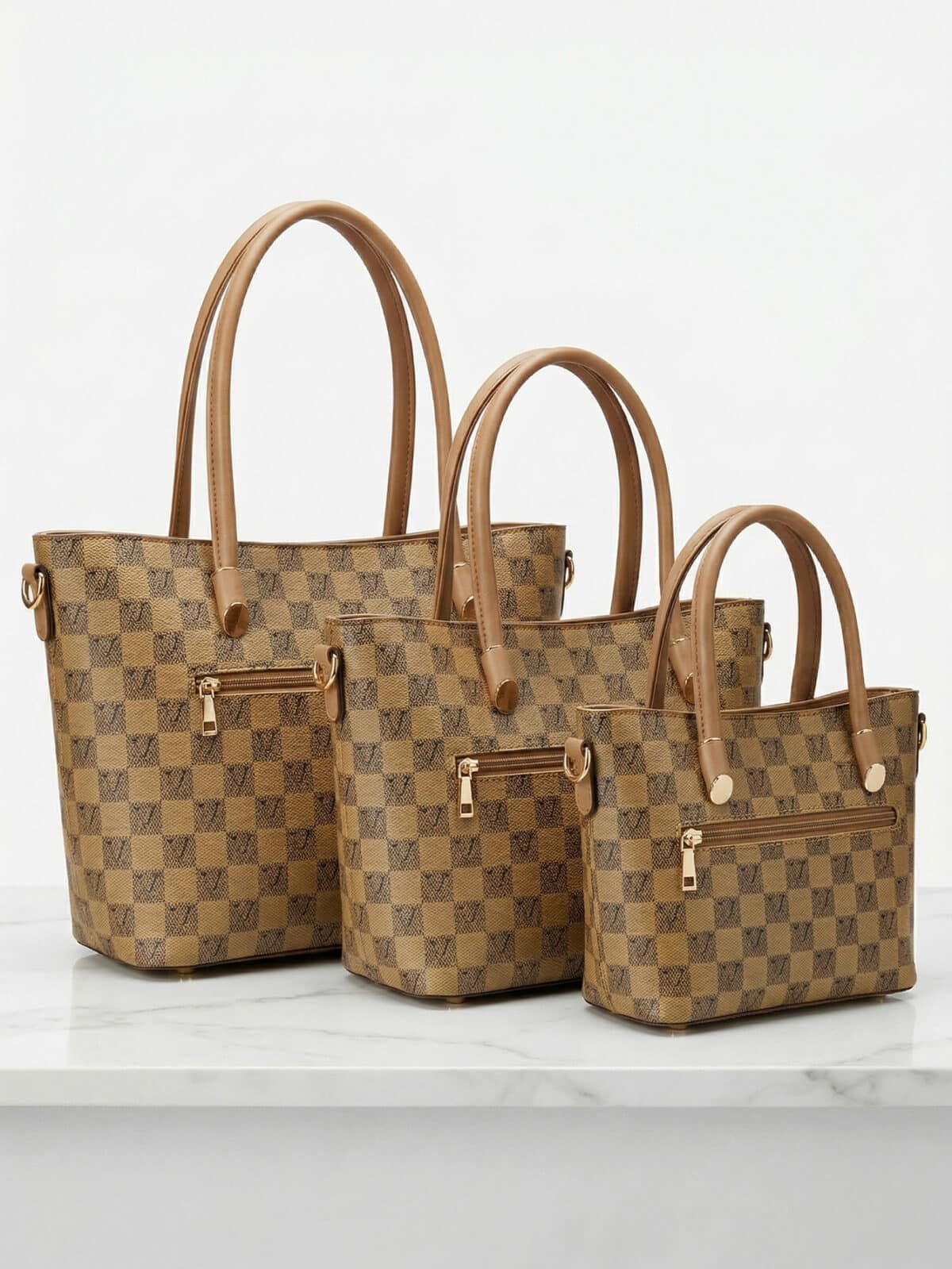 Kit 3 Bolsas Femininas Tote Ombro Transversal Estampa Xadrez Luxo Trabalho Viagem - Imagem 3