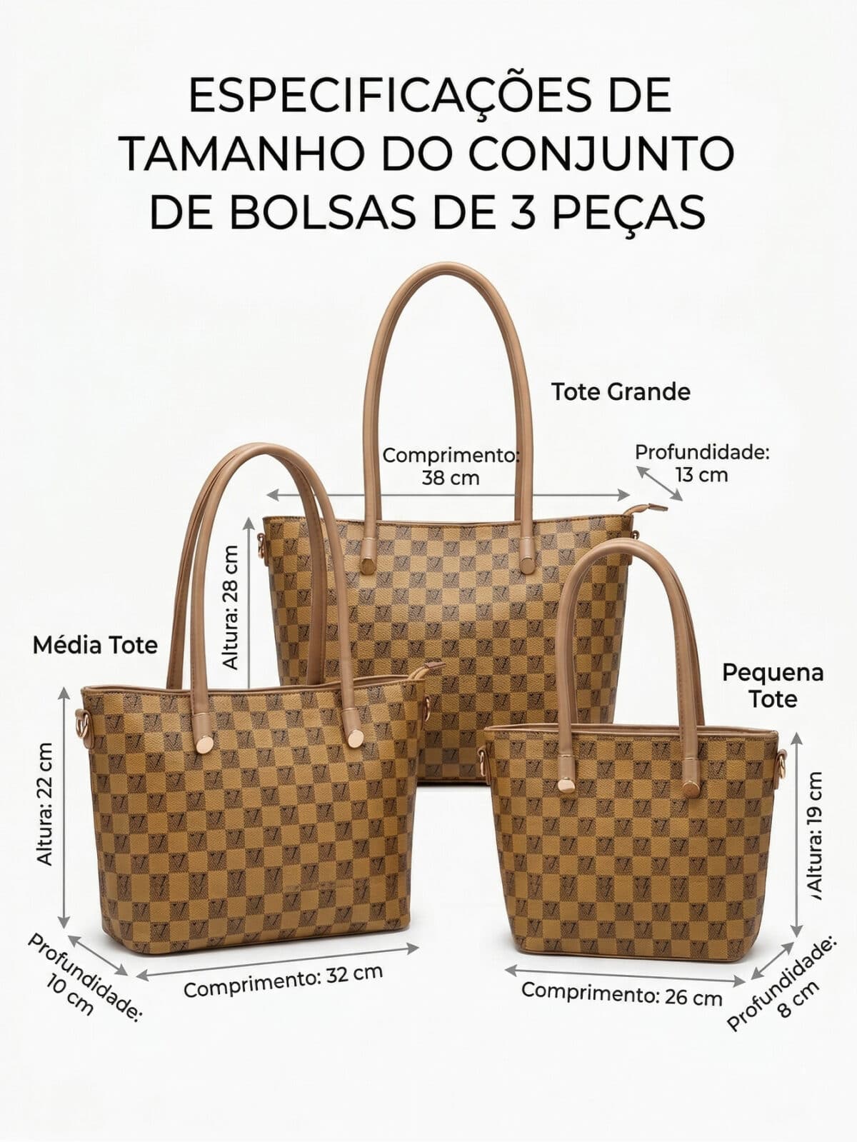 Kit 3 Bolsas Femininas Tote Ombro Transversal Estampa Xadrez Luxo Trabalho Viagem - Imagem 10