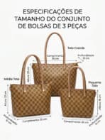 Kit 3 Bolsas Femininas Tote Ombro Transversal Estampa Xadrez Luxo Trabalho Viagem - Imagem 10