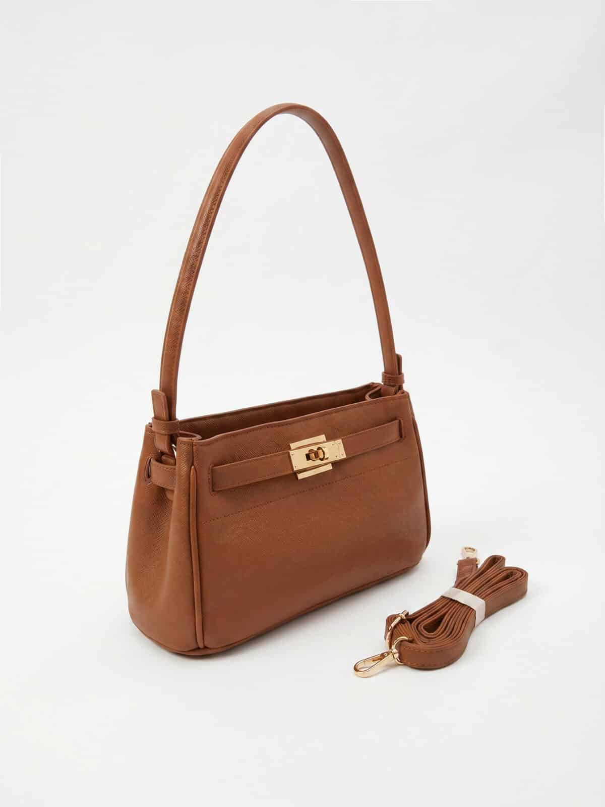 Bolsa De Ombro Minimalista Couro Textura Saffiano Estruturada Estilo Old Money - Imagem 2
