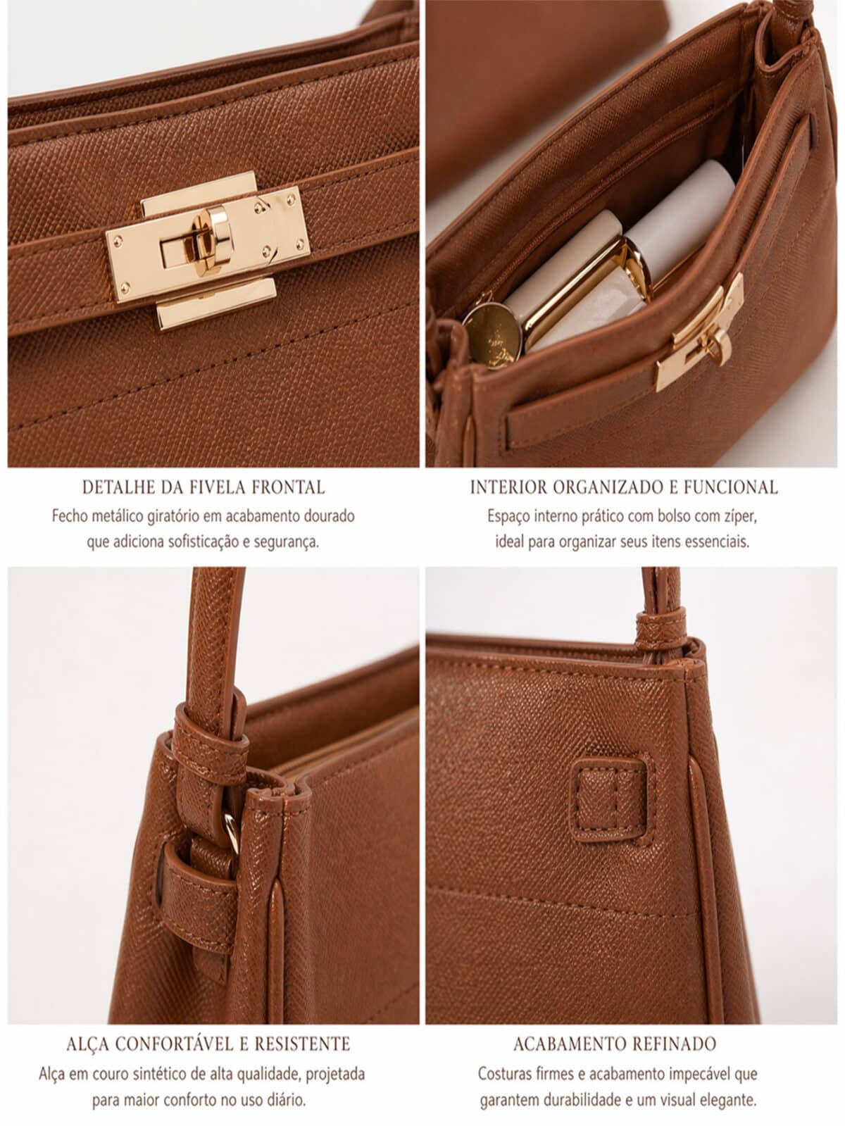 Bolsa De Ombro Minimalista Couro Textura Saffiano Estruturada Estilo Old Money - Imagem 4