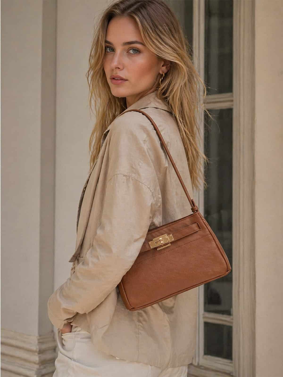 Bolsa De Ombro Minimalista Couro Textura Saffiano Estruturada Estilo Old Money - Imagem 5