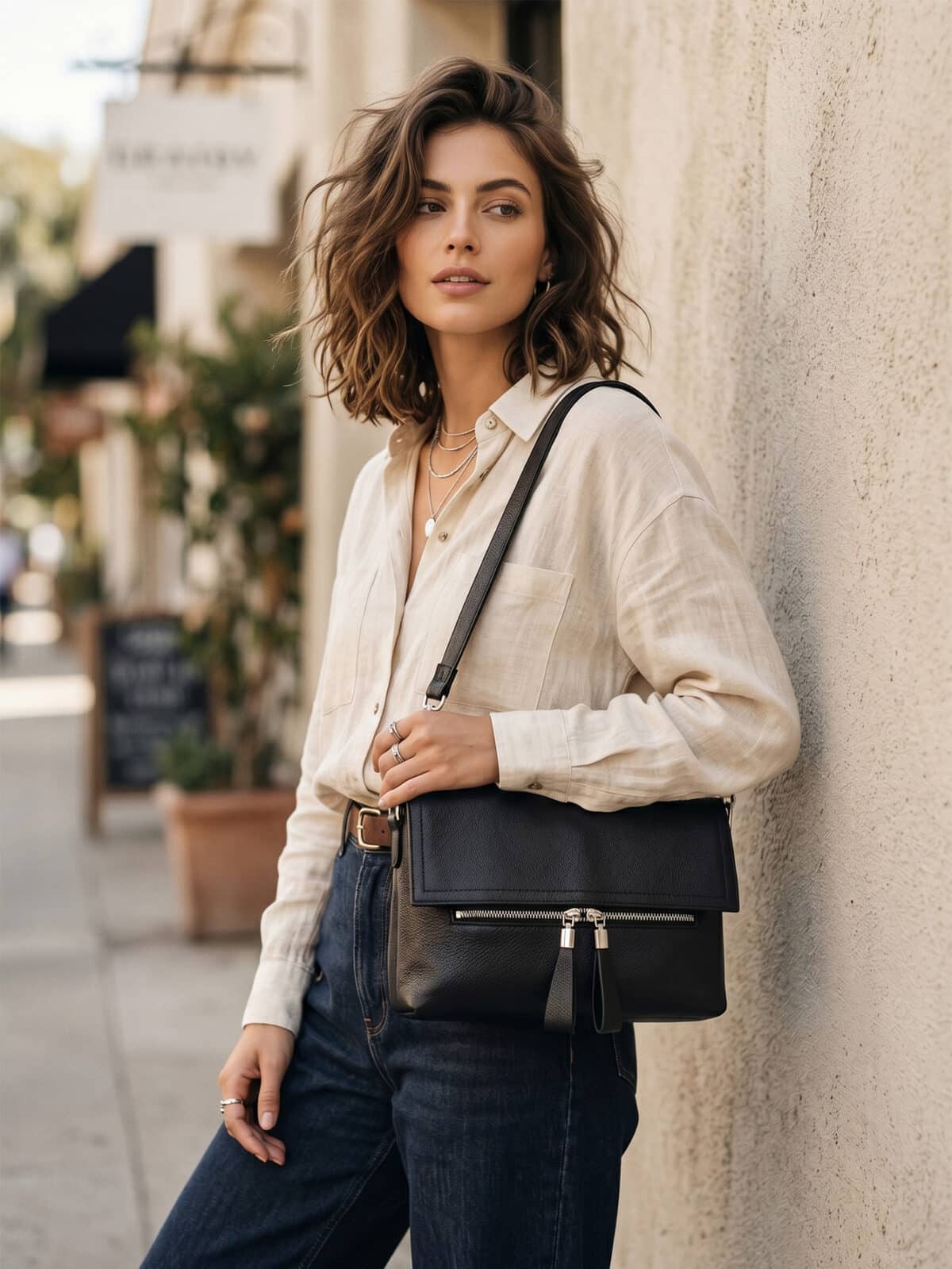Bolsa De Ombro E Transversal Minimalista Texturizada Com Zíper Frontal Casual Chic - Imagem 4