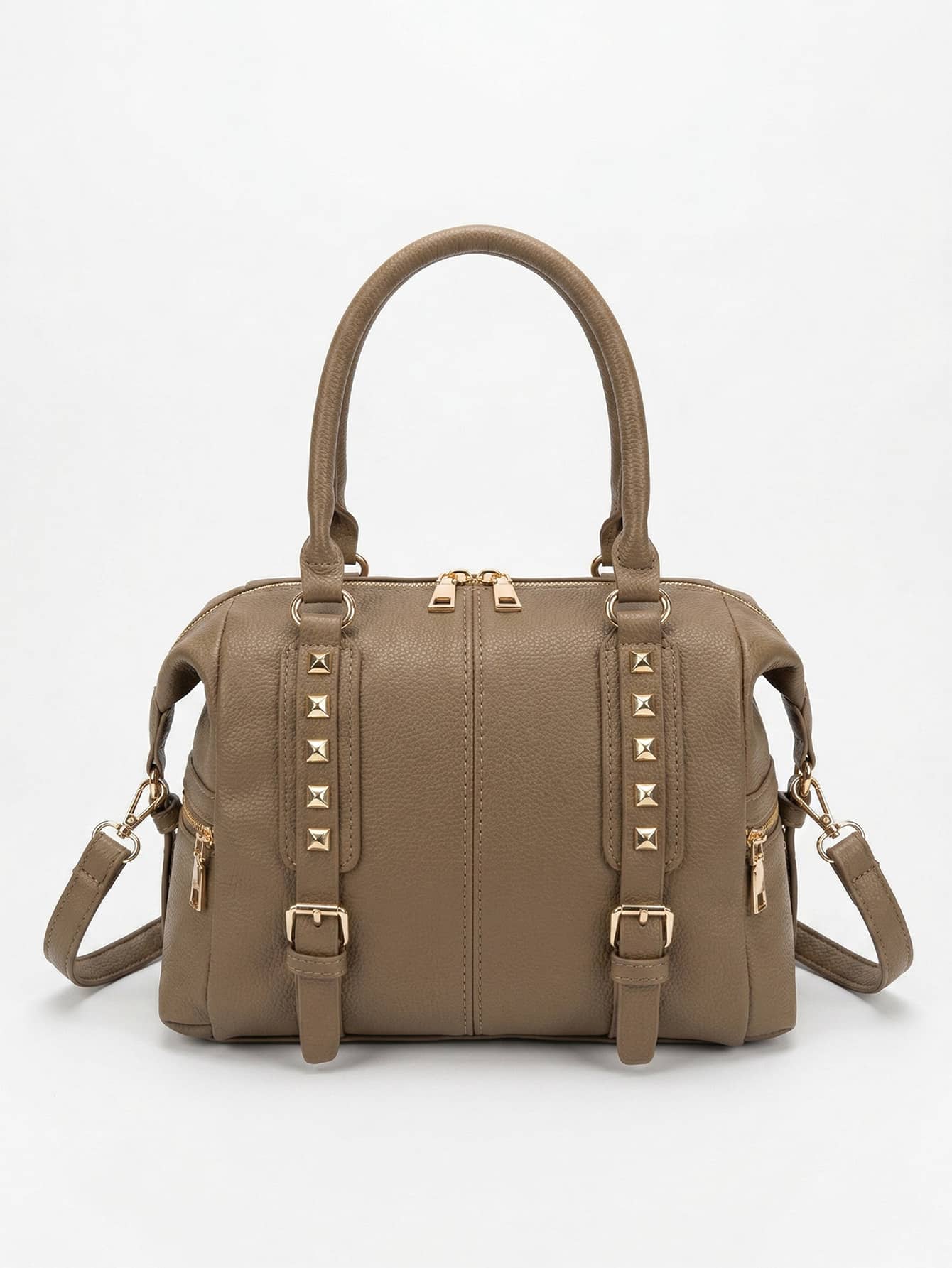 C31-Caqui-01 Bolsa De Ombro Baú Estruturada Com Rebites Minimalista Edgy Casual Chic Com Alça Extra - Imagem 1