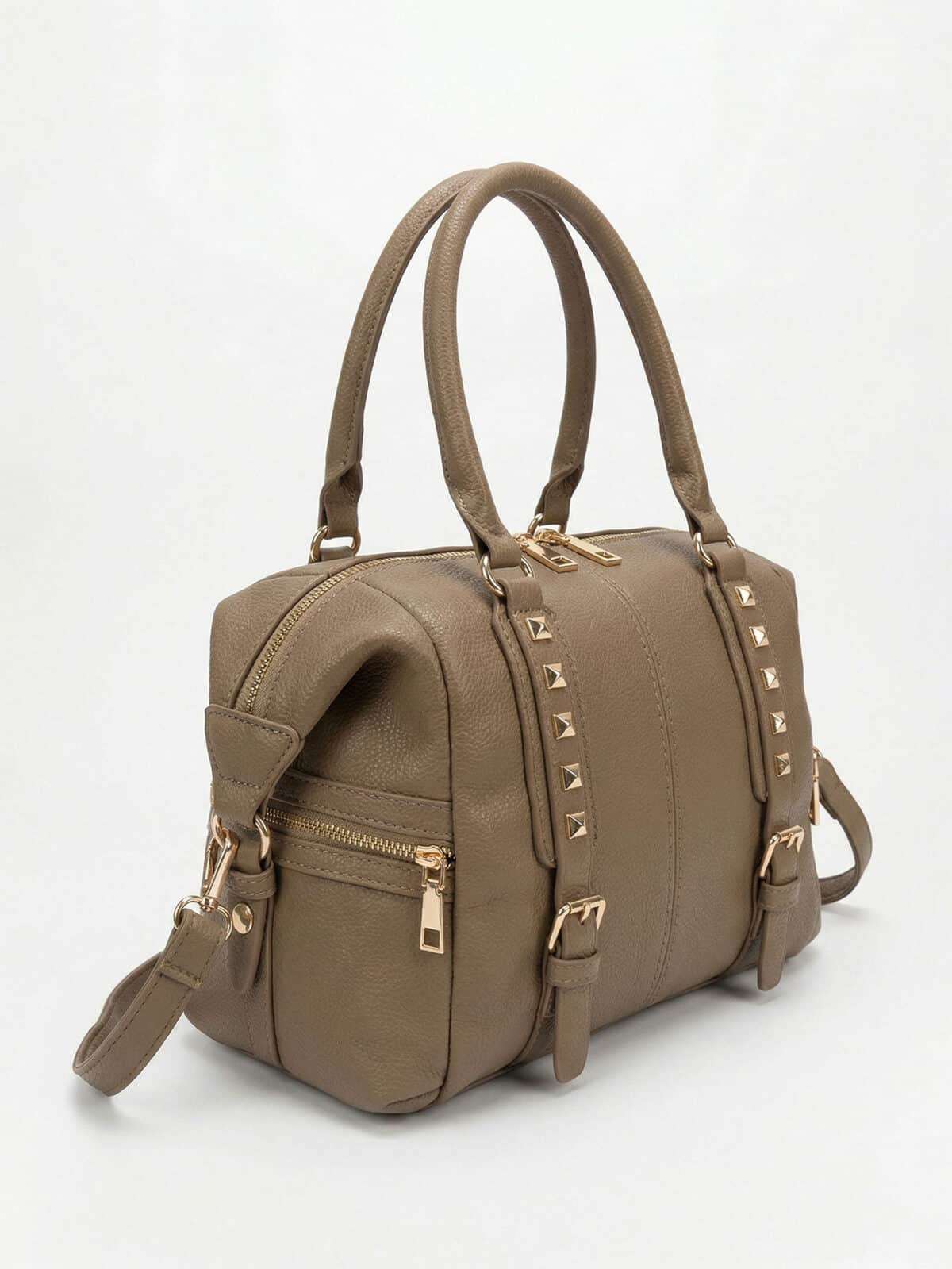 Bolsa De Ombro Baú Estruturada Com Rebites Minimalista Edgy Casual Chic Com Alça Extra - Imagem 3