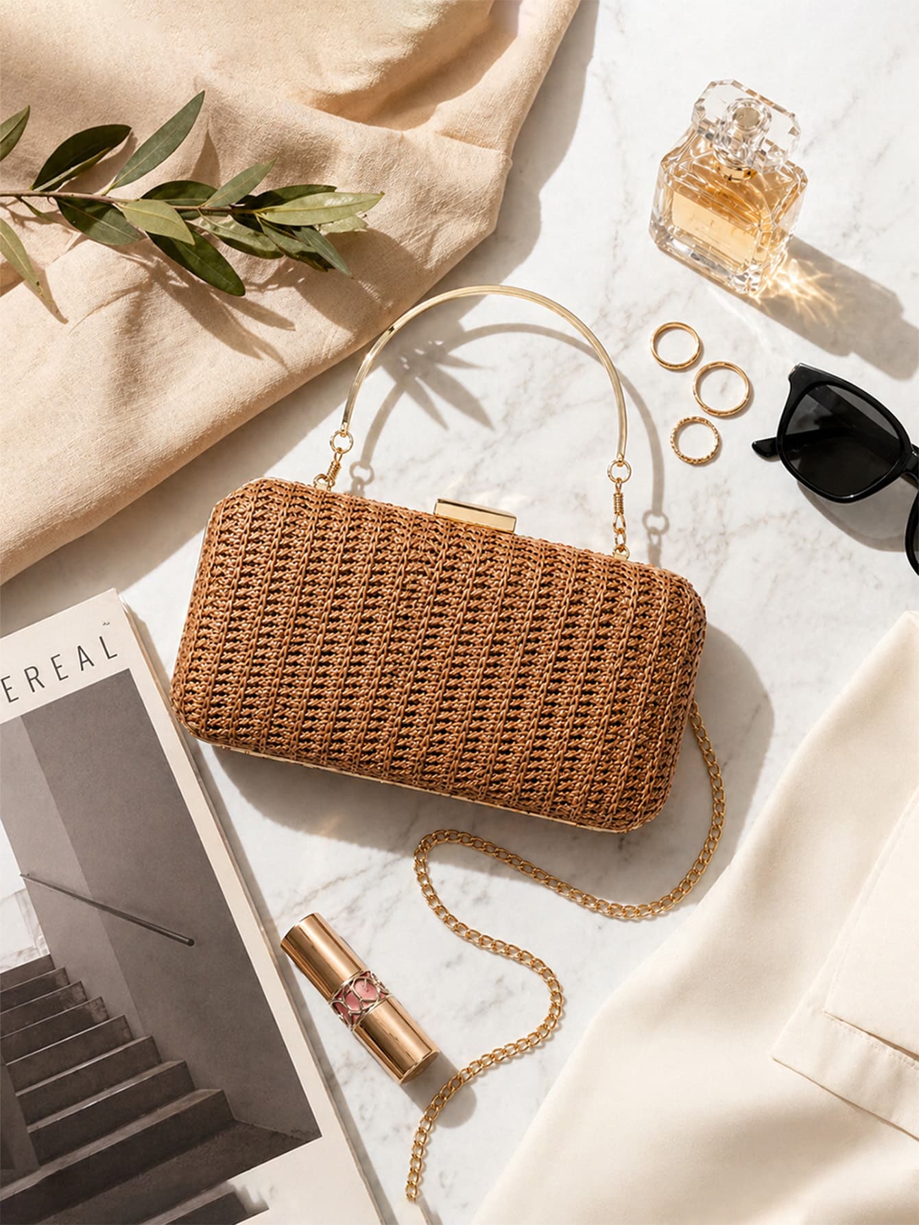 C600-12-Bronze-01 Bolsa De Mão Clutch Estruturada Textura Palha Boho Chic Com Alça Metálica Verão - Imagem 1