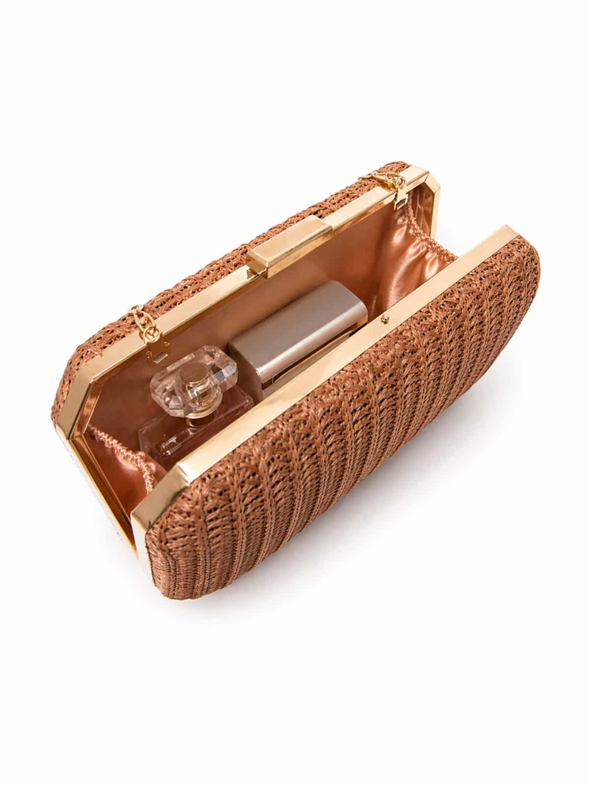 Bolsa De Mão Clutch Estruturada Textura Palha Boho Chic Com Alça Metálica Verão - Imagem 8
