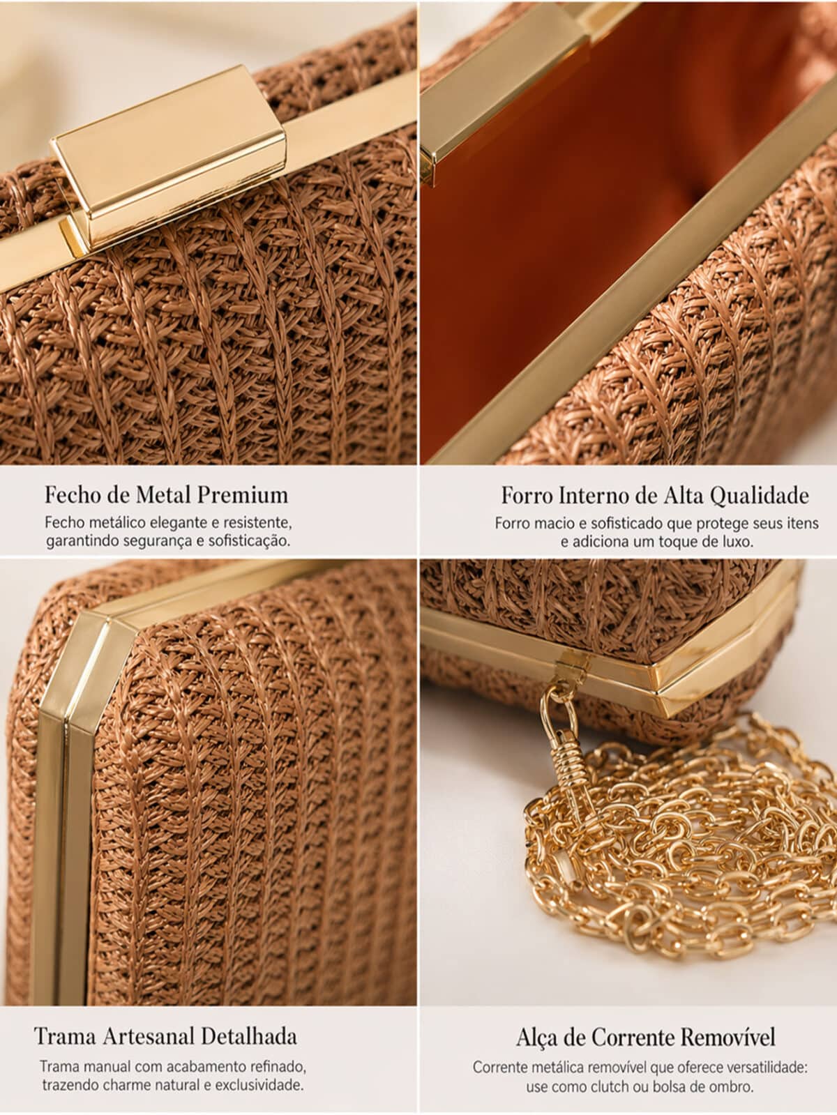 Bolsa De Mão Clutch Estruturada Textura Palha Boho Chic Com Alça Metálica Verão - Imagem 9