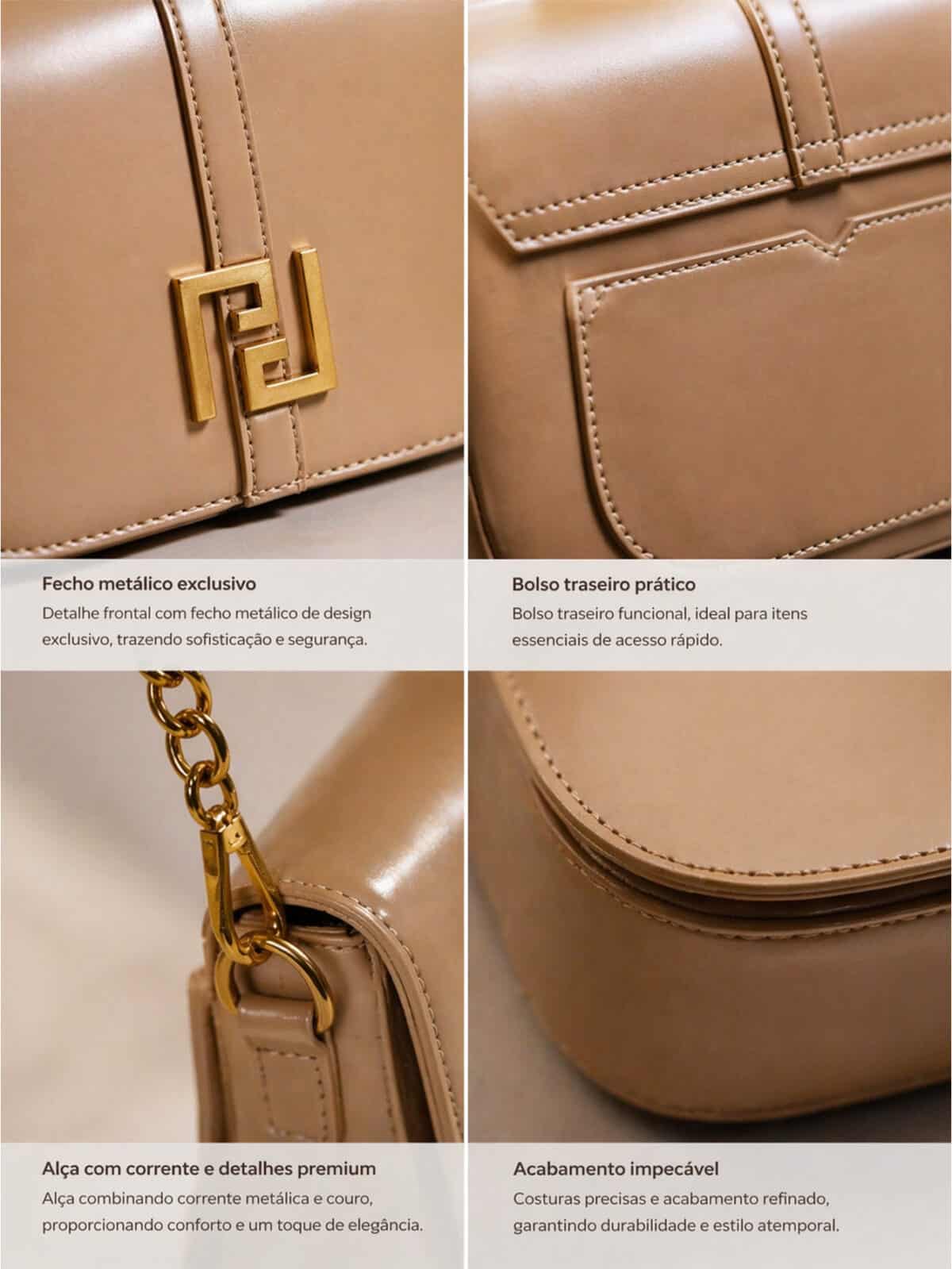 Bolsa De Ombro Baguete Minimalista Estilo Old Money Com Corrente E Fecho Geométrico - Imagem 5
