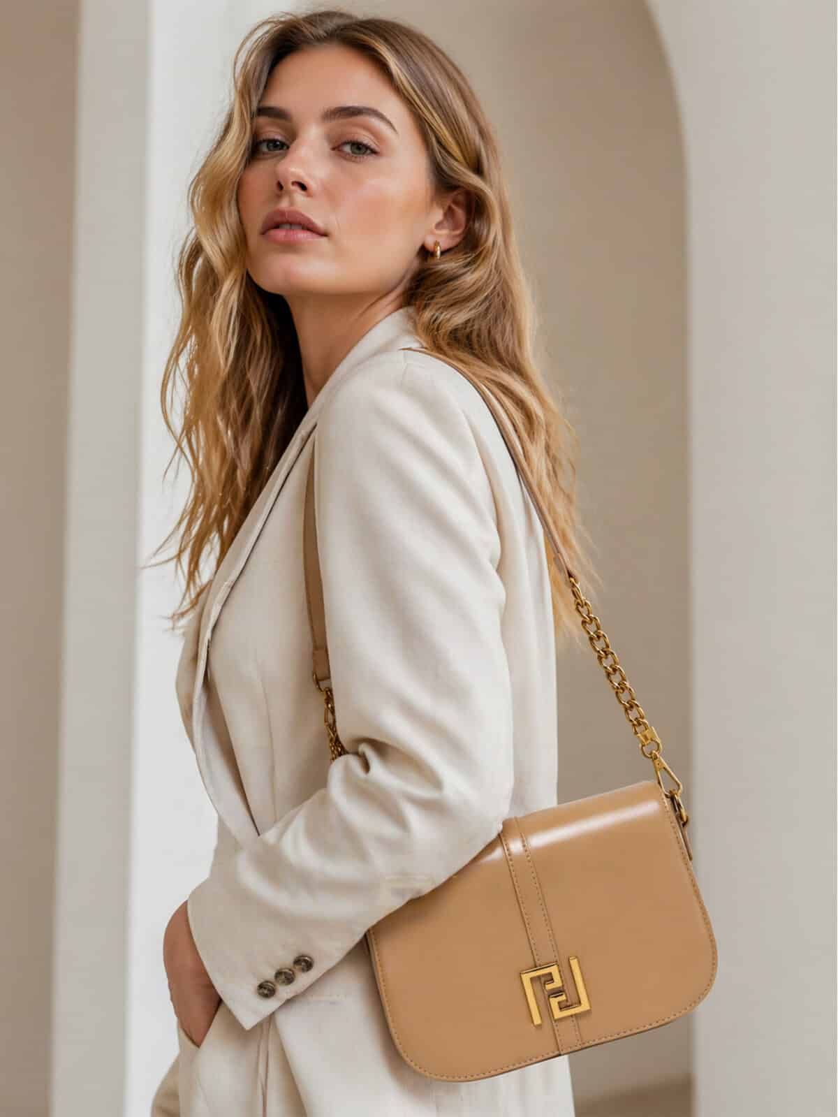 Bolsa De Ombro Baguete Minimalista Estilo Old Money Com Corrente E Fecho Geométrico - Imagem 6
