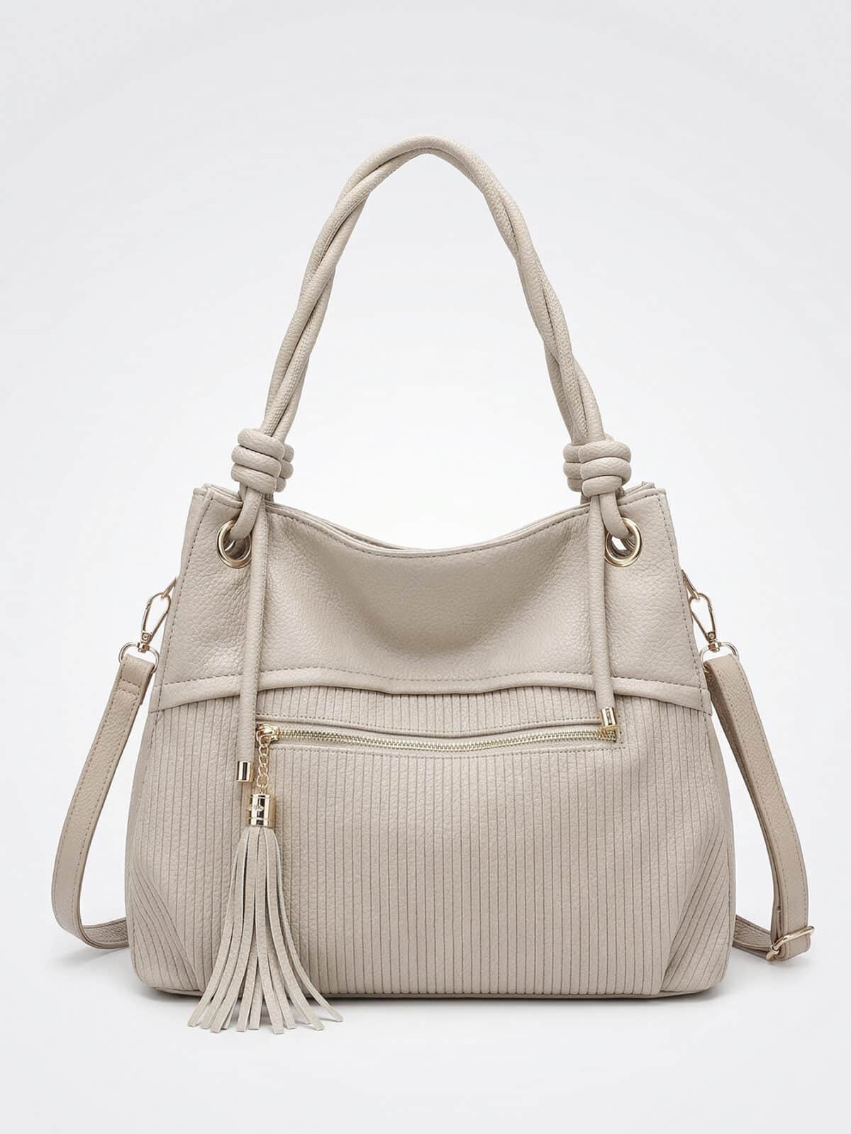 Bolsa De Ombro Hobo Minimalista Texturizada Com Alça Trançada E Tassel Elegante - Imagem 2