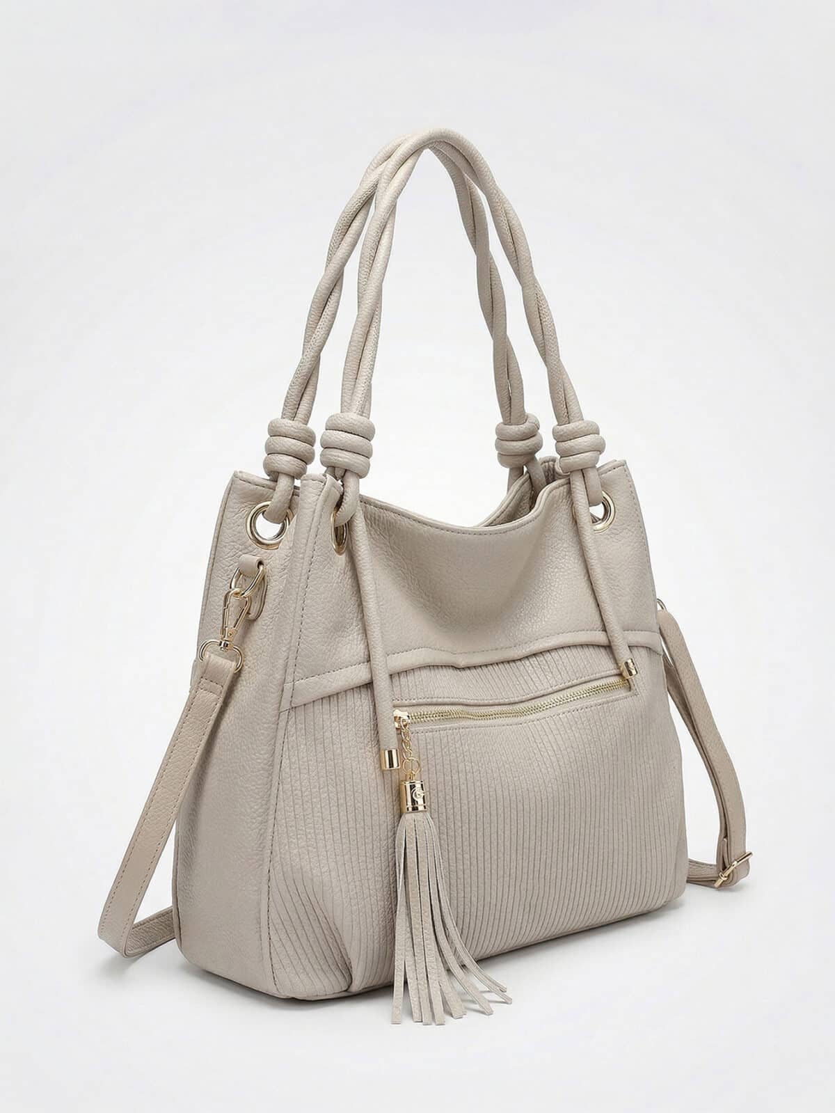 Bolsa De Ombro Hobo Minimalista Texturizada Com Alça Trançada E Tassel Elegante - Imagem 3