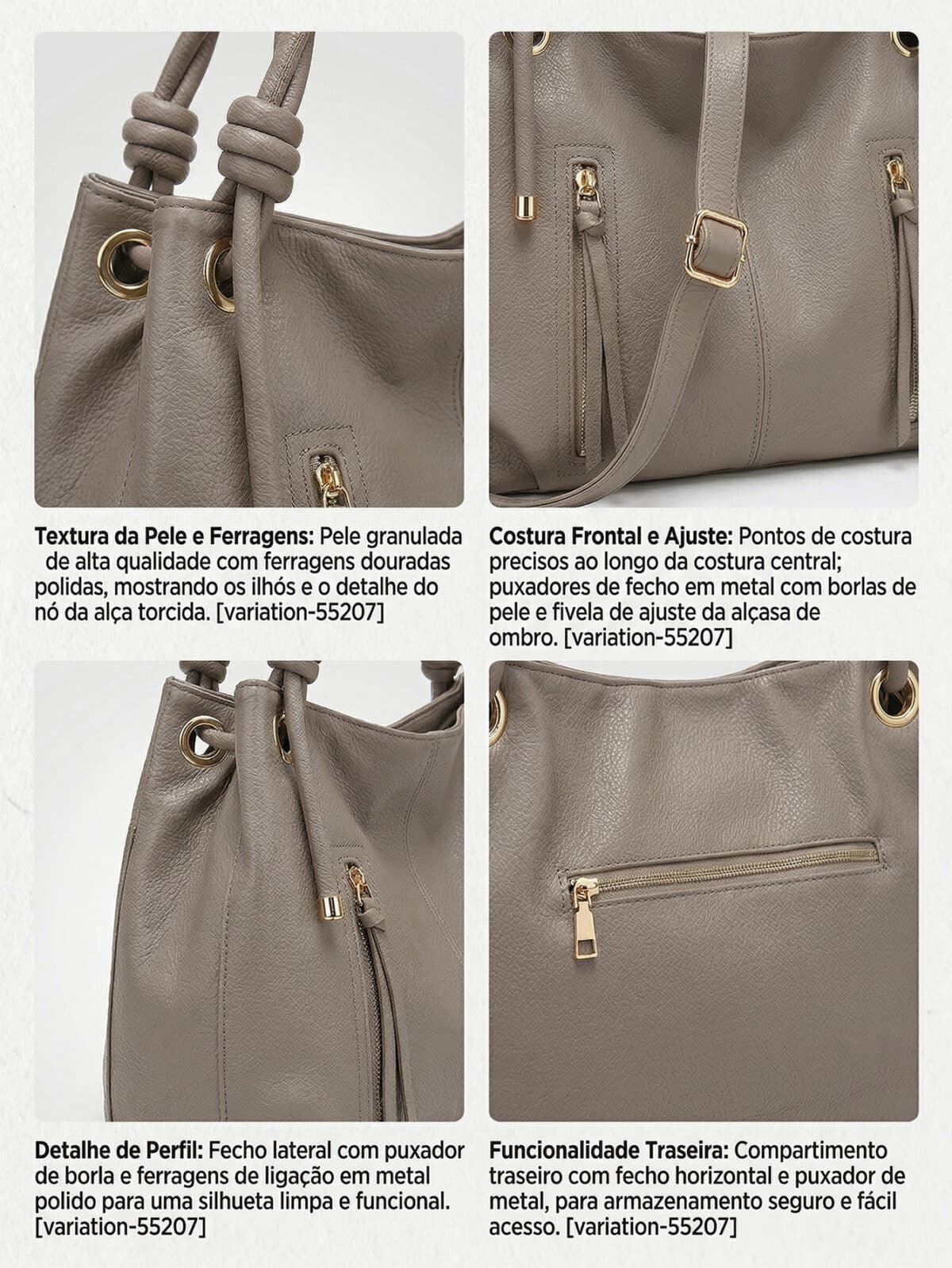 Bolsa De Ombro Hobo Minimalista Slouchy Com Zíper Duplo Frontal E Alça Transversal - Imagem 6