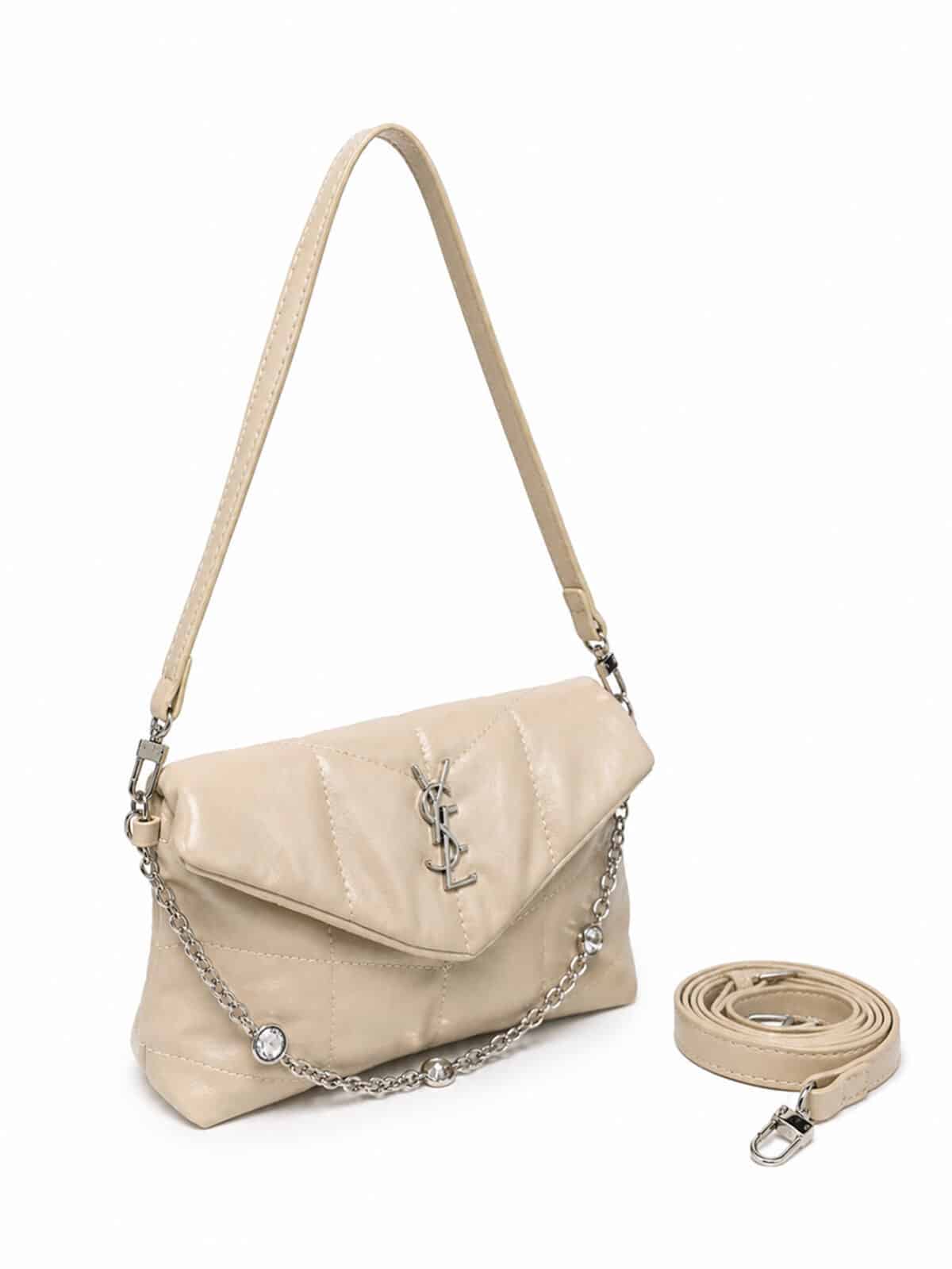 Bolsa Feminina Acolchoada Puffer De Luxo Ombro Baguete Com Corrente De Cristais - Imagem 2