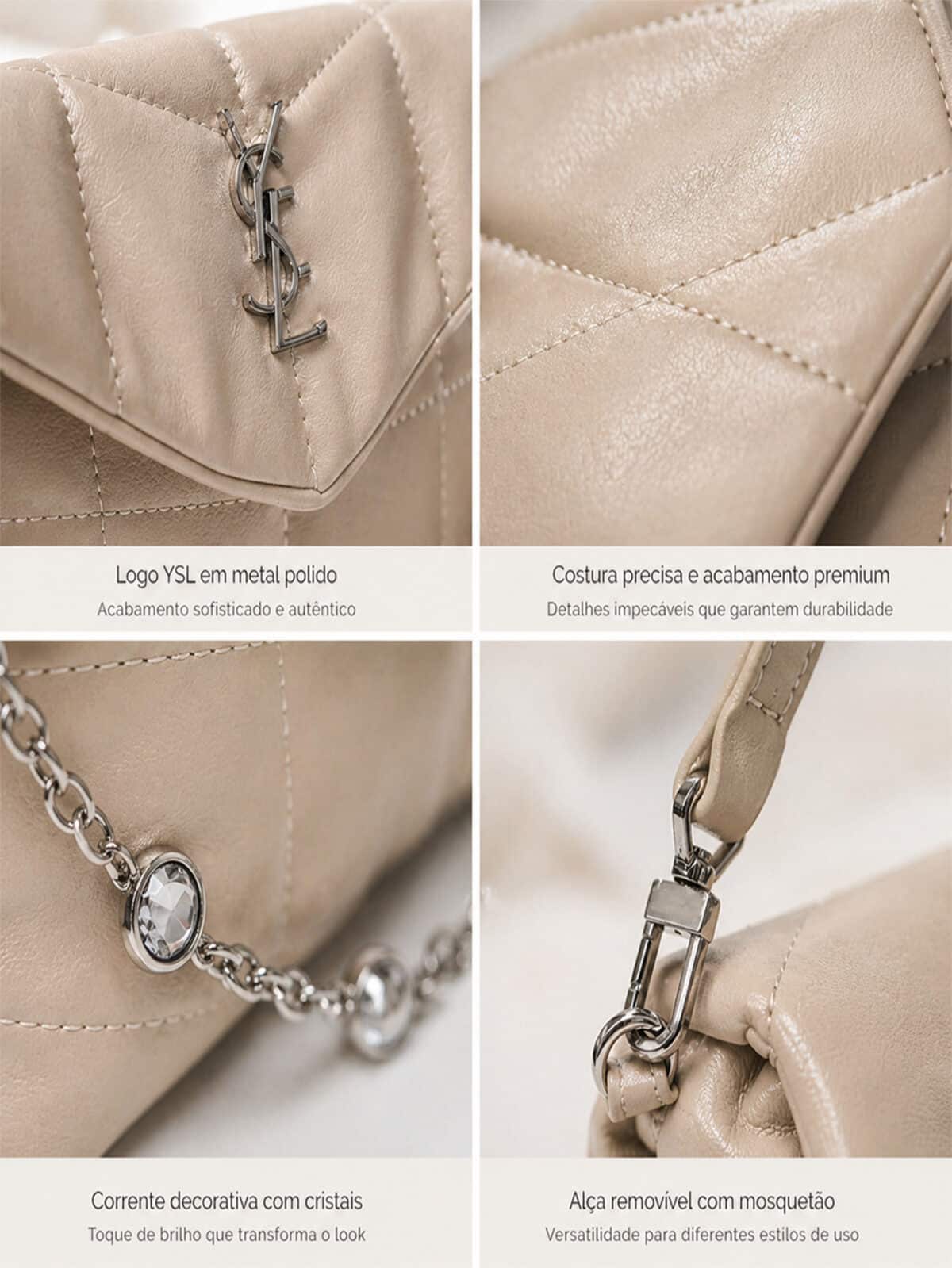 Bolsa Feminina Acolchoada Puffer De Luxo Ombro Baguete Com Corrente De Cristais - Imagem 4