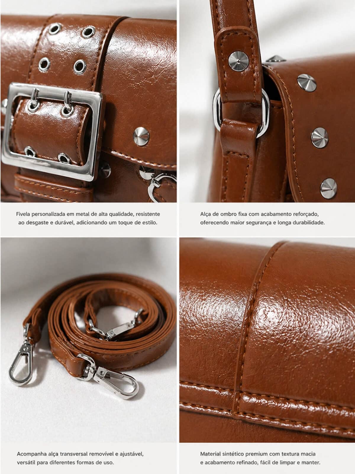 Bolsa Feminina De Ombro Baguete Vintage Com Rebites E Fivela Grande Luxo - Imagem 4