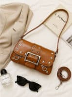 Bolsa Feminina De Ombro Baguete Vintage Com Rebites E Fivela Grande Luxo - Imagem 6