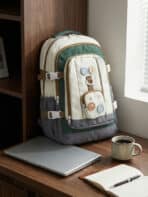 Mochila De Costas Colorblock Estilo Preppy Grande Capacidade Com Distintivos Fofos - Imagem 5